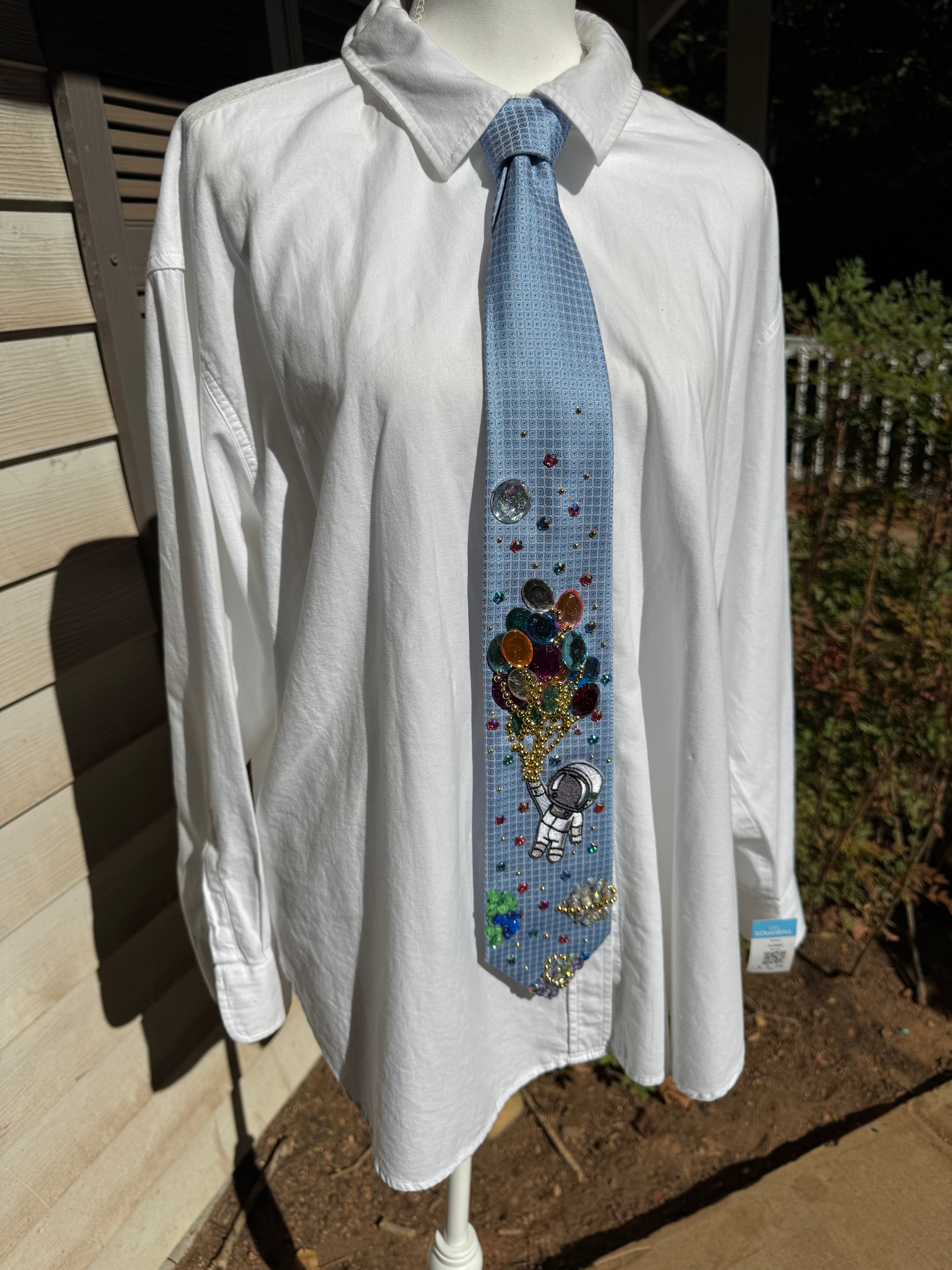 Light Blue Astronaut Kid Holding Bunch of Balloons Space Royalty Tie