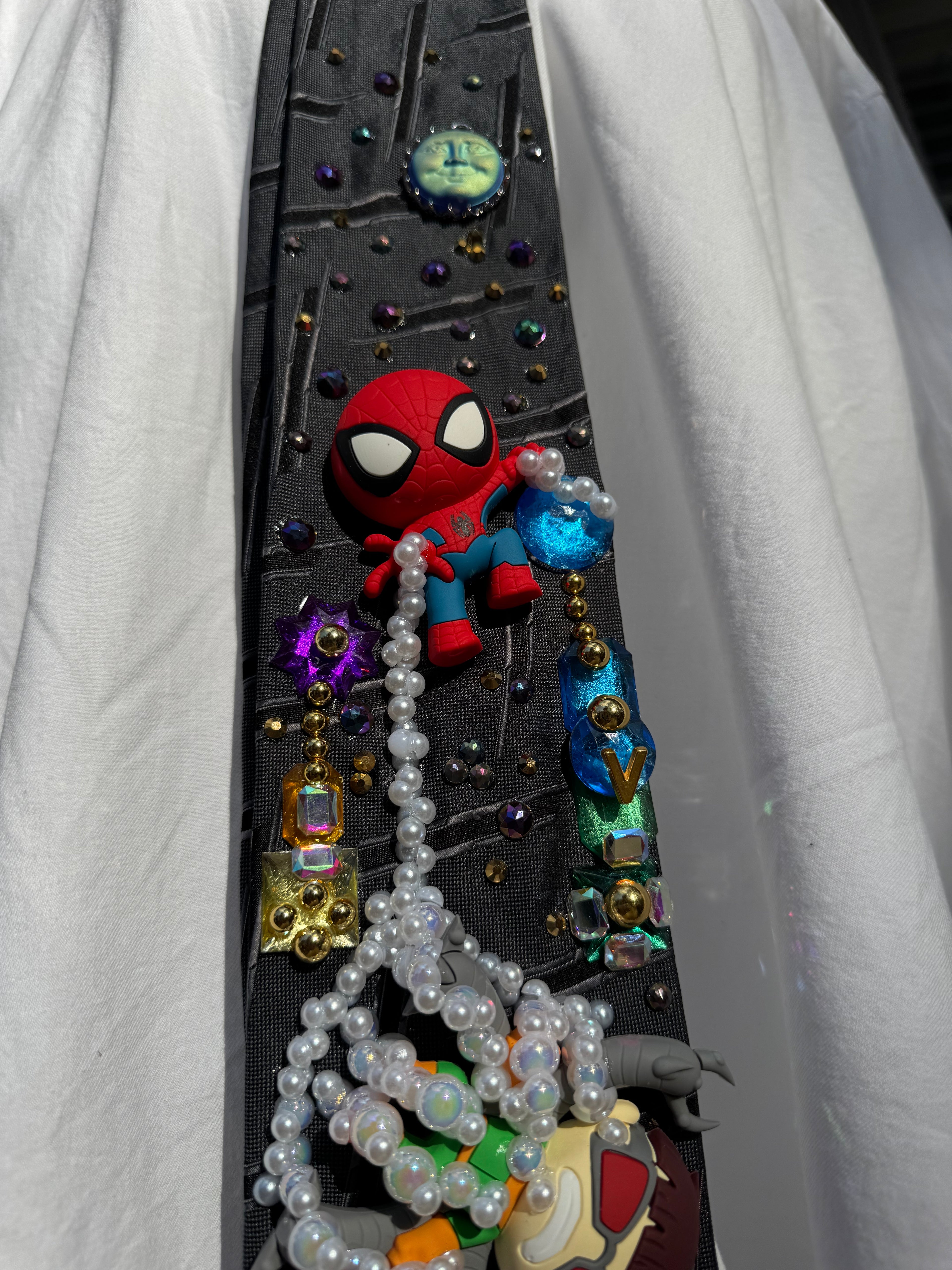Grey Spiderman Defeating Doctor Octopus Over City Tie
