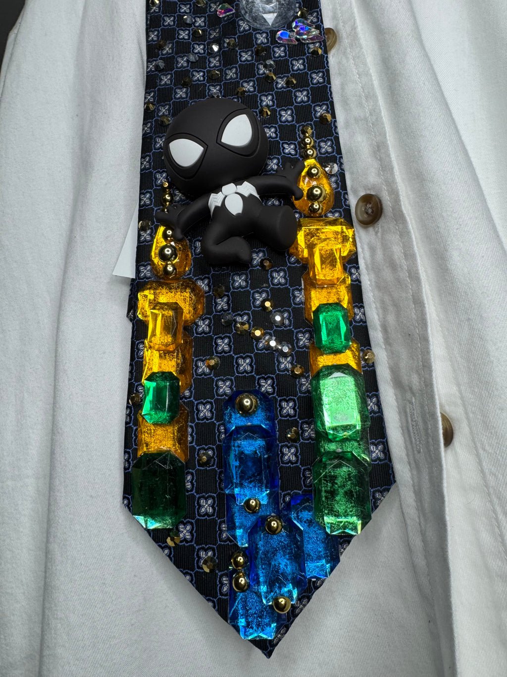 Navy Blue Symbiote Suit Spiderman On Top of Buildings at Night Tie
