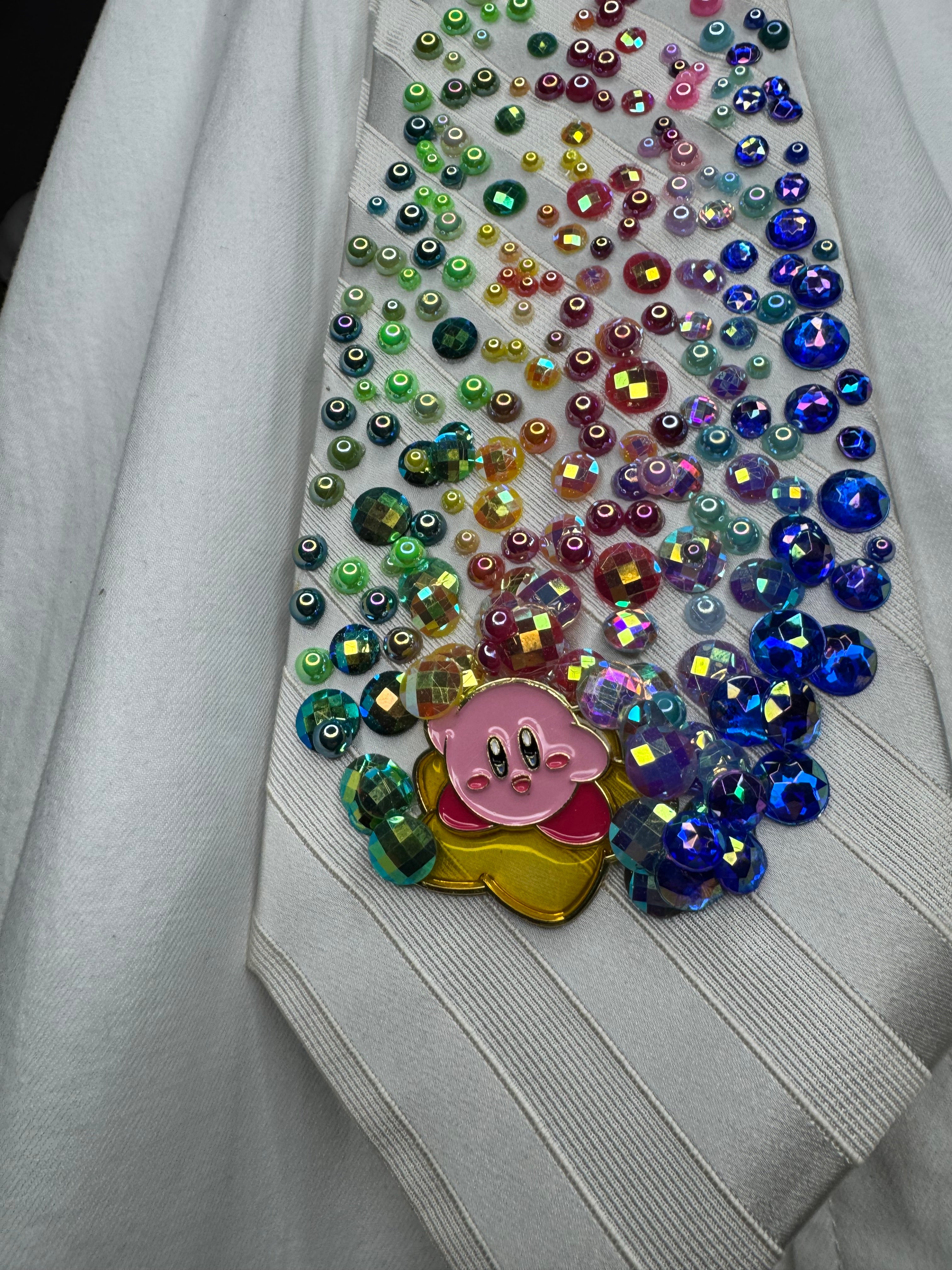 White Striped Kirby on Star Leaving Rainbow Stardust Anime Tie