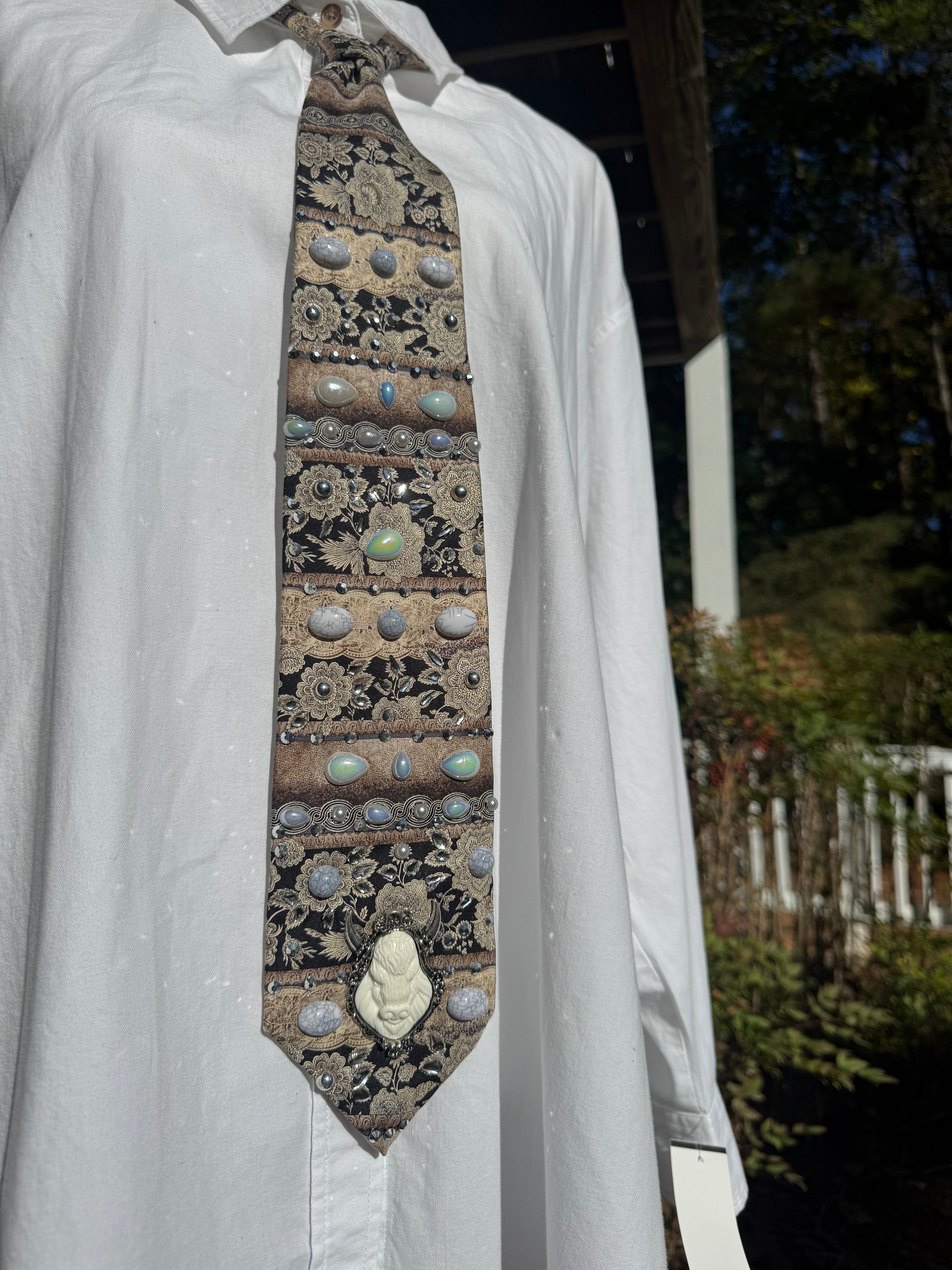 White and Black Vintage Floral Print White Buffalo Wild West Tie