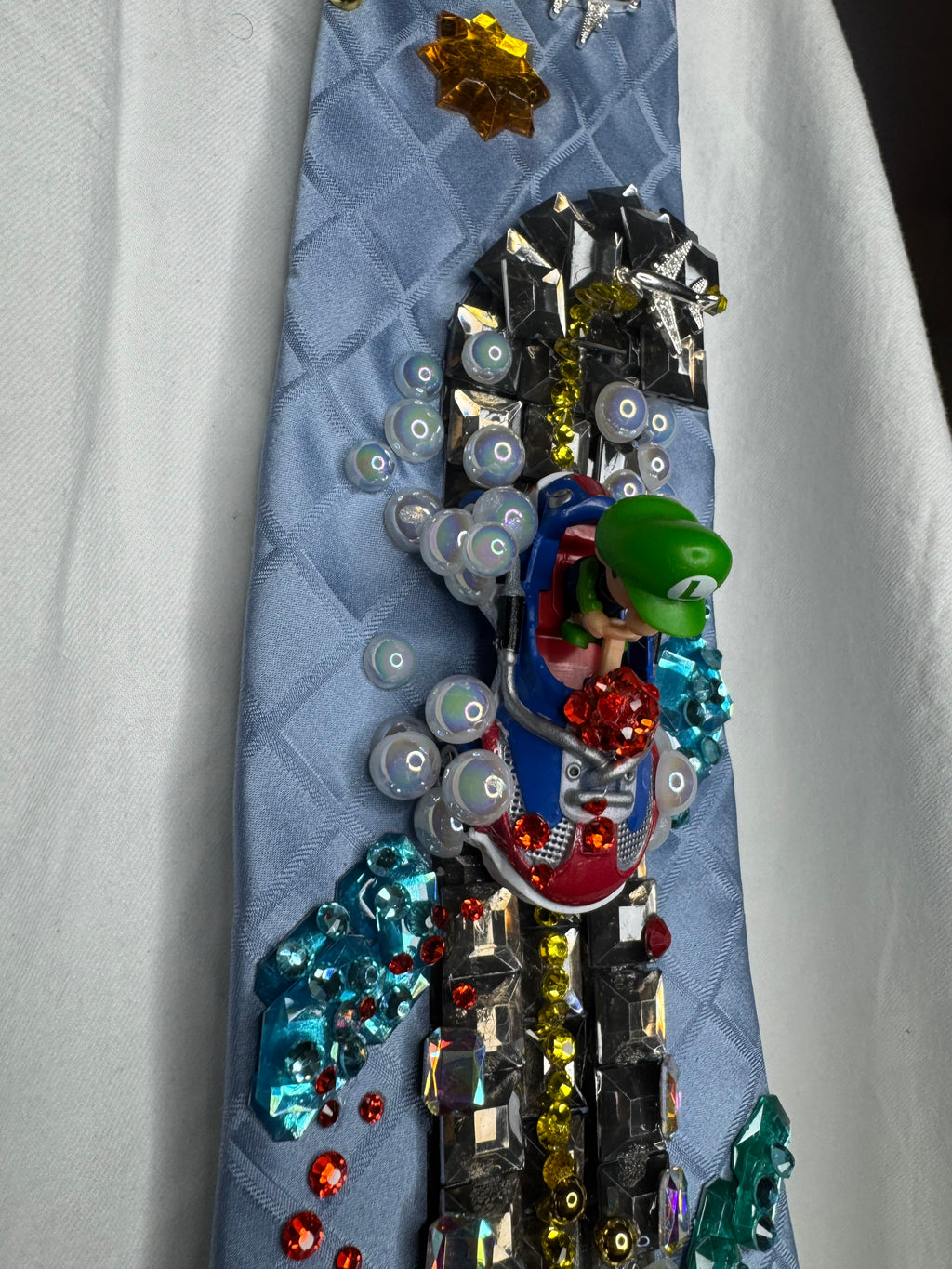 Sky Blue Baby Luigi About to Take Fly On Sunshine Airport 200cc Mario Kart Tie