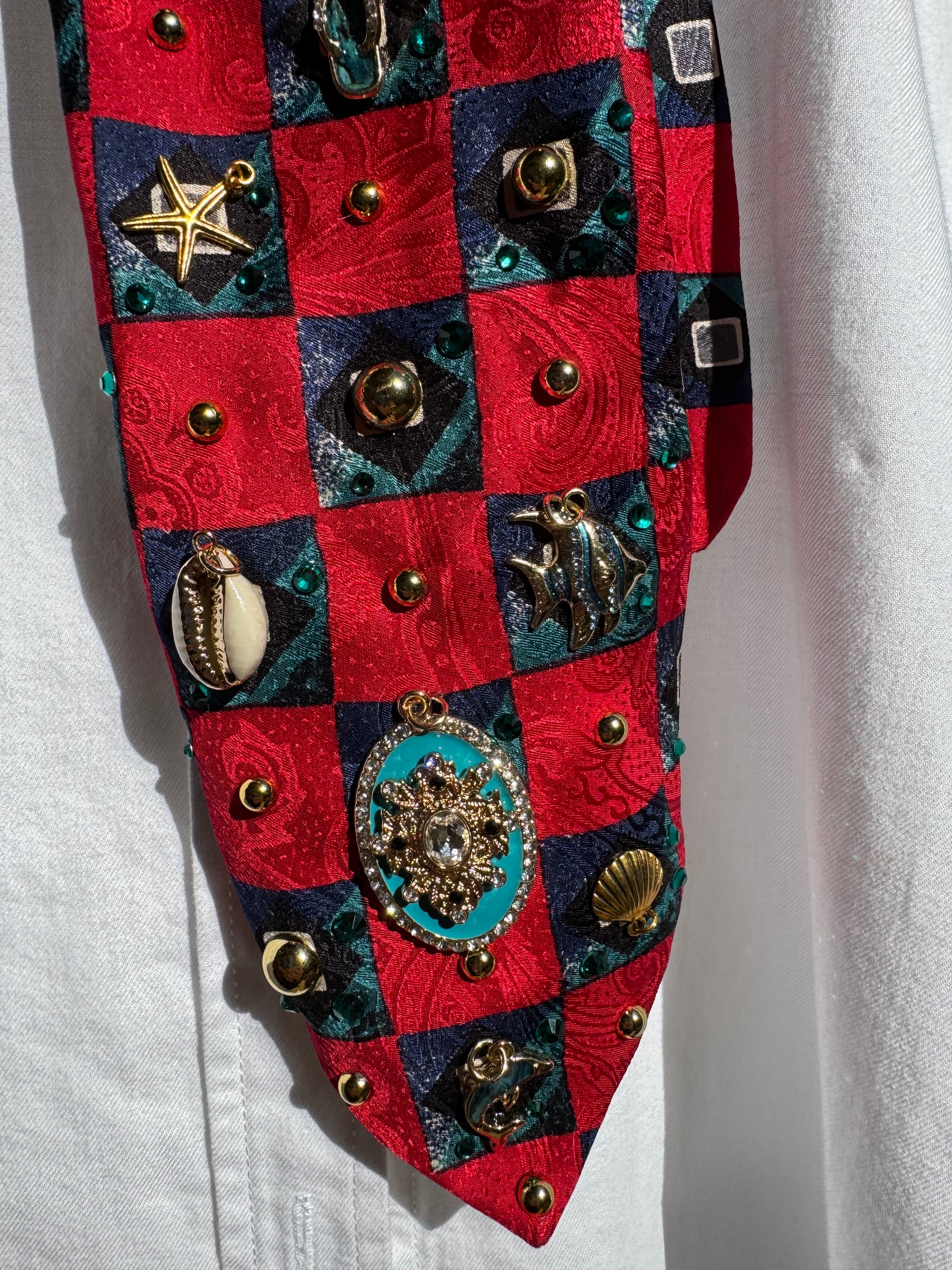 Red Checkered Retro Tropical Treasure Box Tie