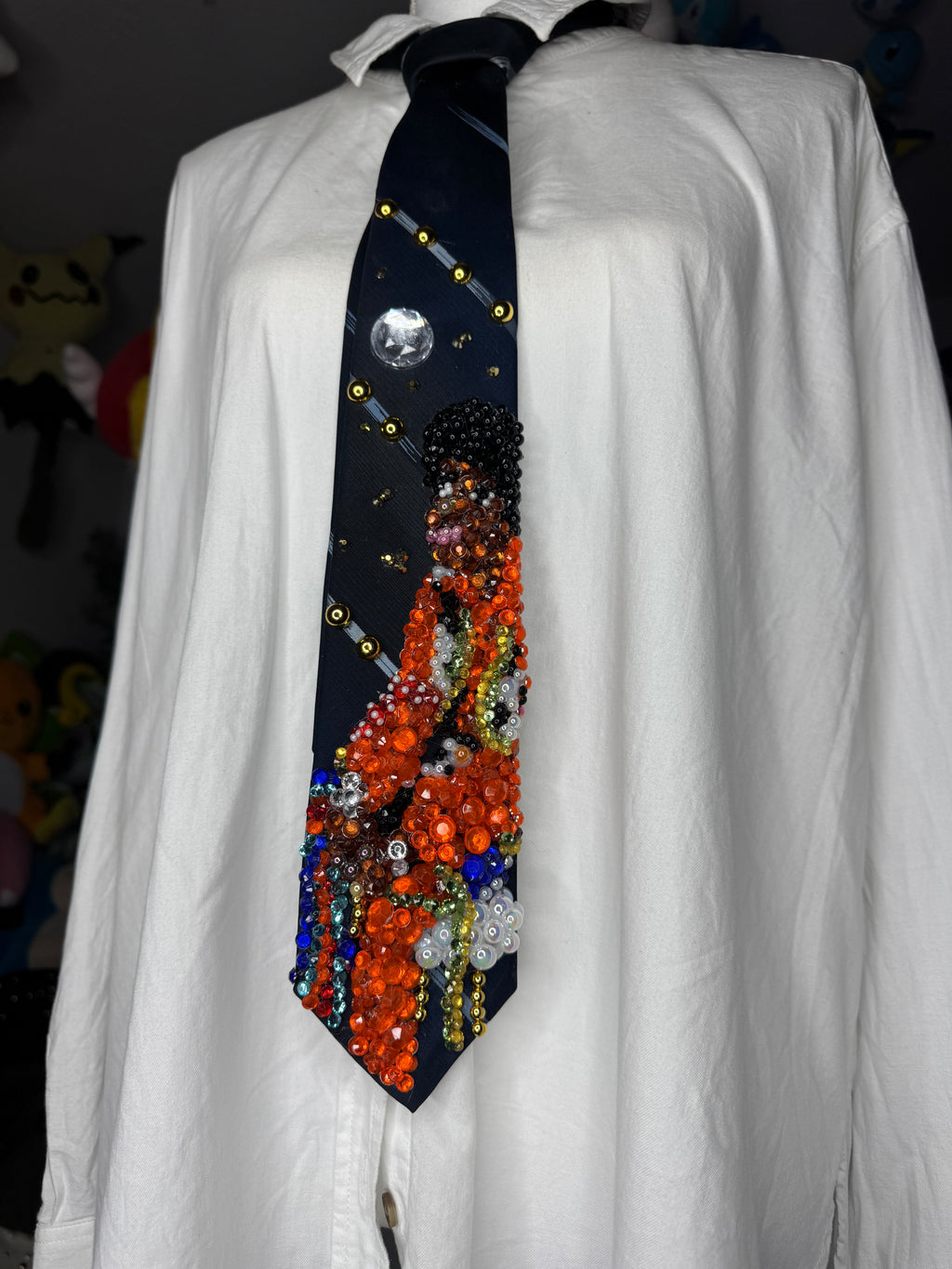 Navy Blue Young Michael Jackson In Orange and Floral Vest Outfit on White Chair 1972 Tie