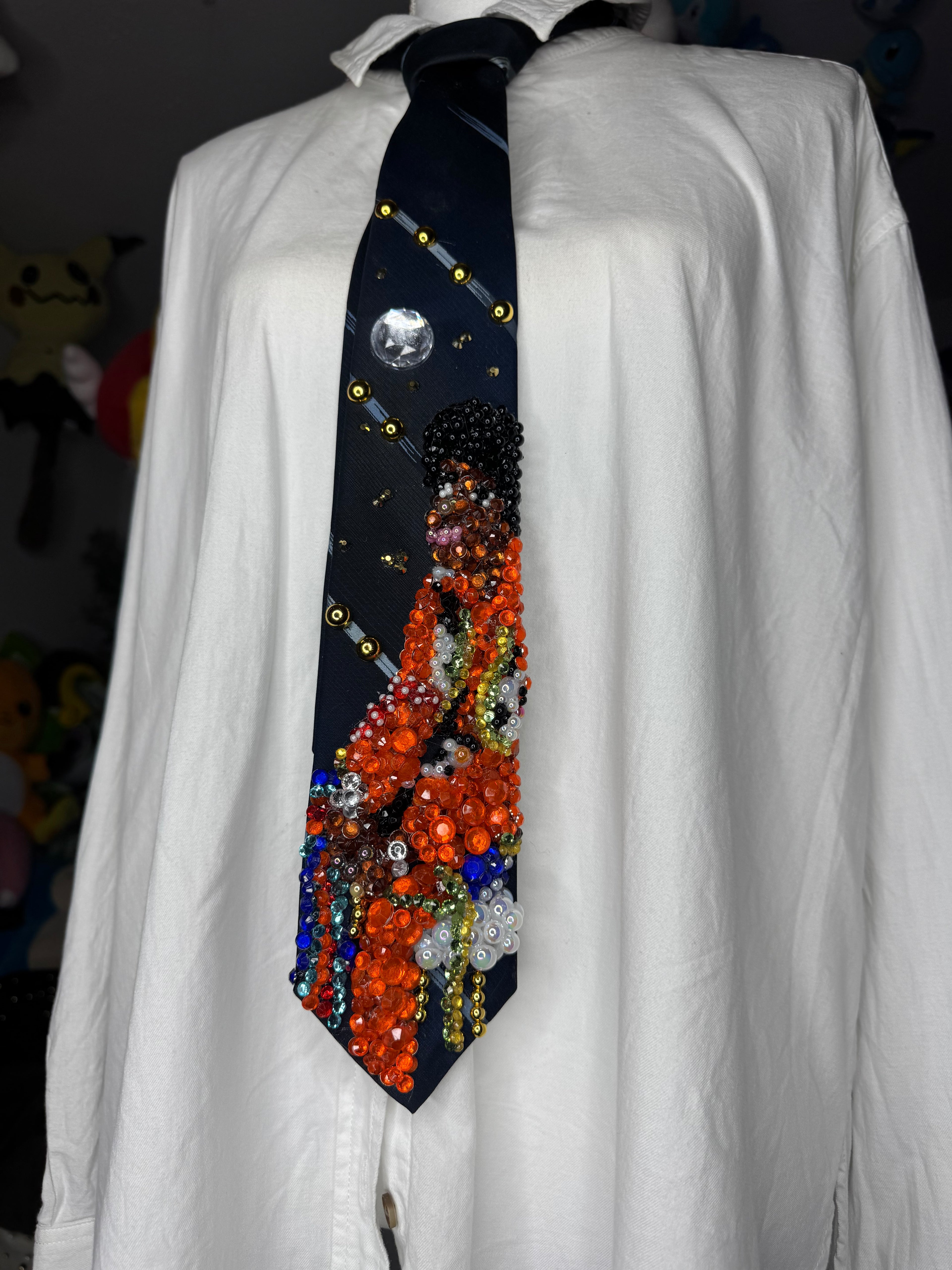 Navy Blue Young Michael Jackson In Orange and Floral Vest Outfit on White Chair 1972 Tie