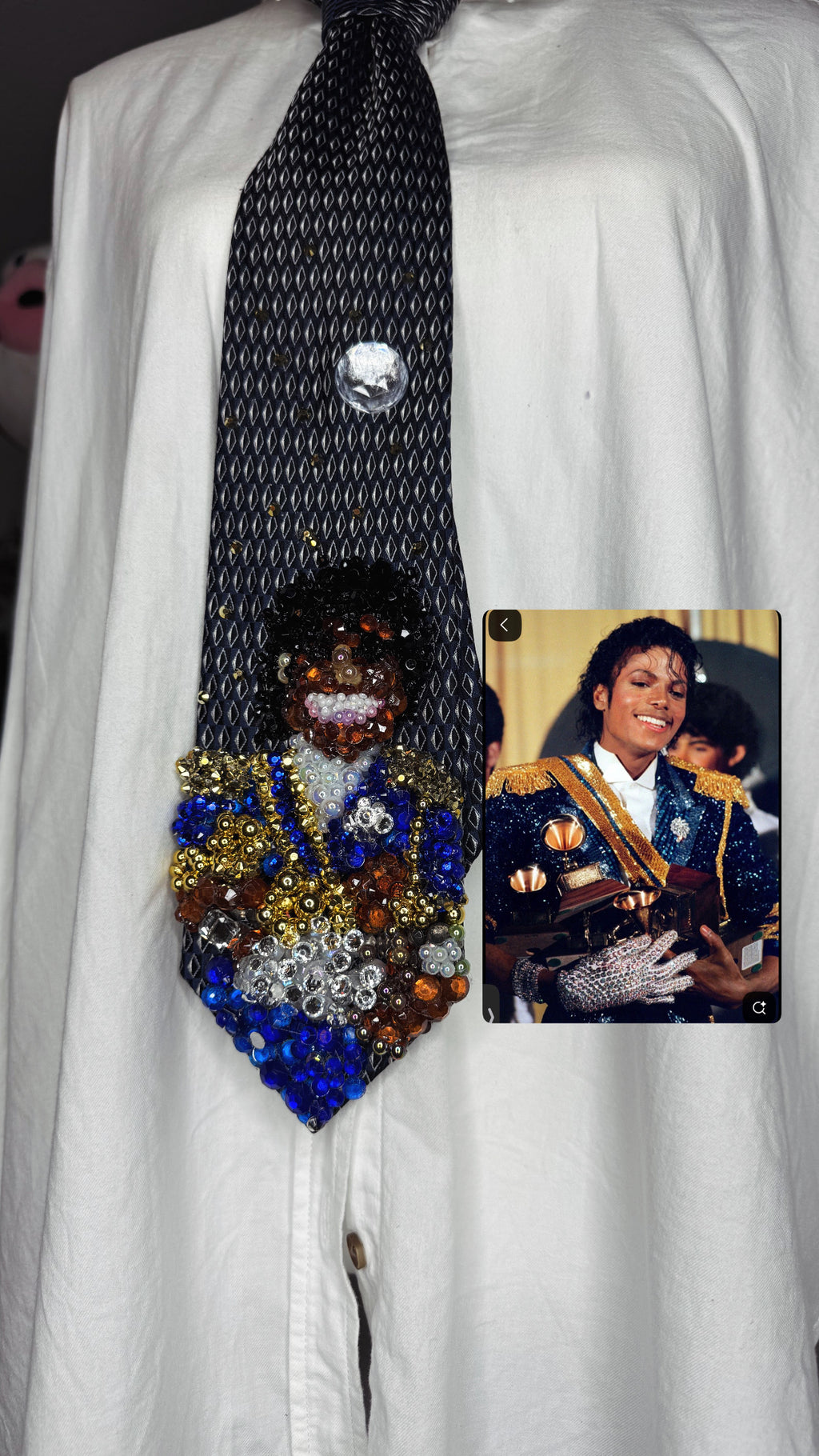 Navy Blue Michael Jackson Holding His Grammy Trophies Smiling 1984 Thriller Era Tie