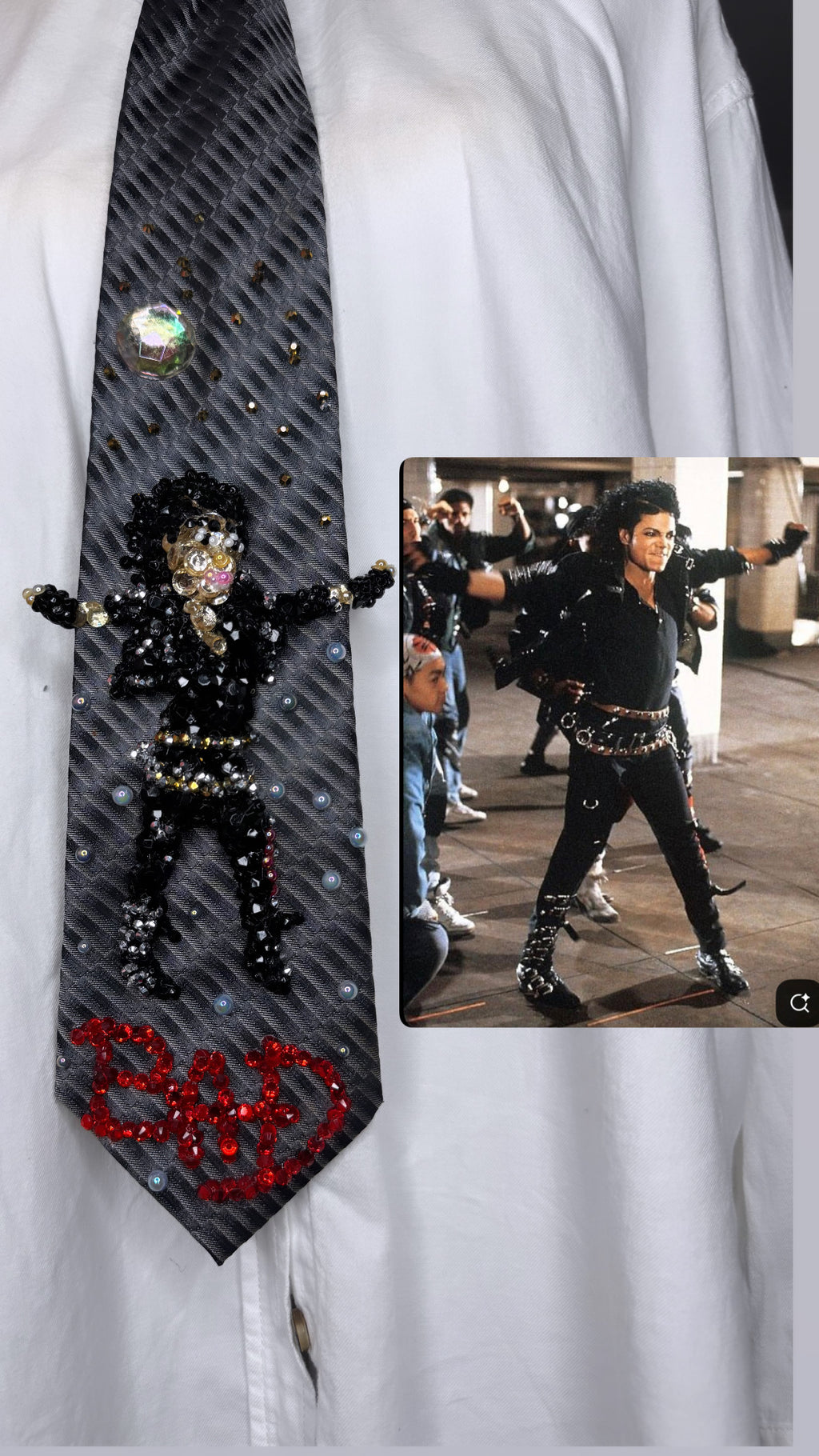 Grey Michael Jackson Hitting Stretched Fists Wide Leg Pose in Bad Short Film Tie