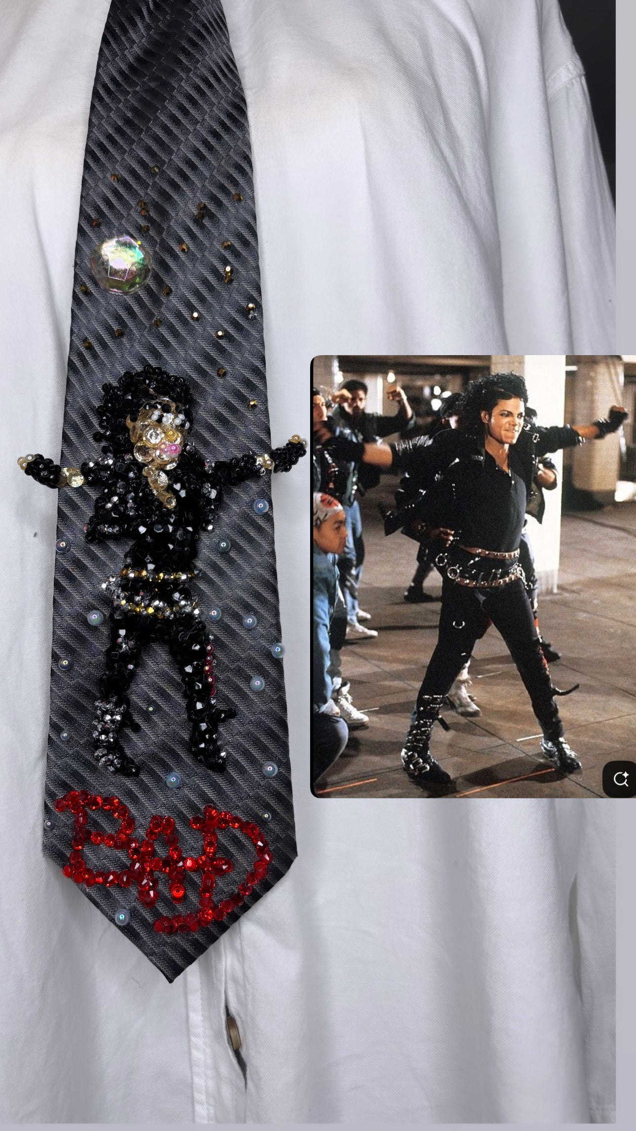 Grey Michael Jackson Hitting Stretched Fists Wide Leg Pose in Bad Short Film Tie