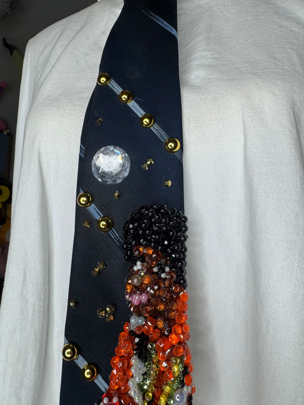 Navy Blue Young Michael Jackson In Orange and Floral Vest Outfit on White Chair 1972 Tie