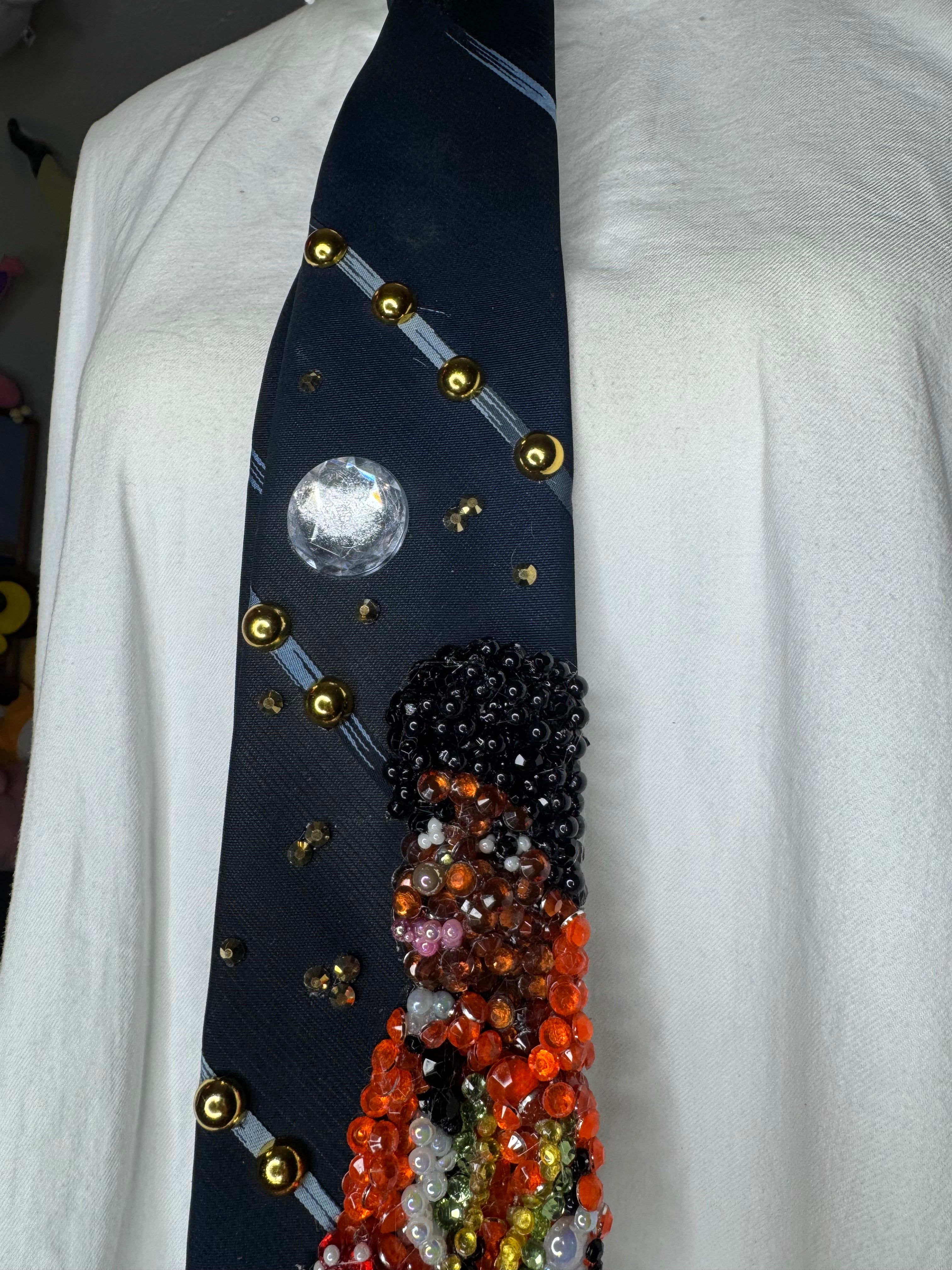 Navy Blue Young Michael Jackson In Orange and Floral Vest Outfit on White Chair 1972 Tie