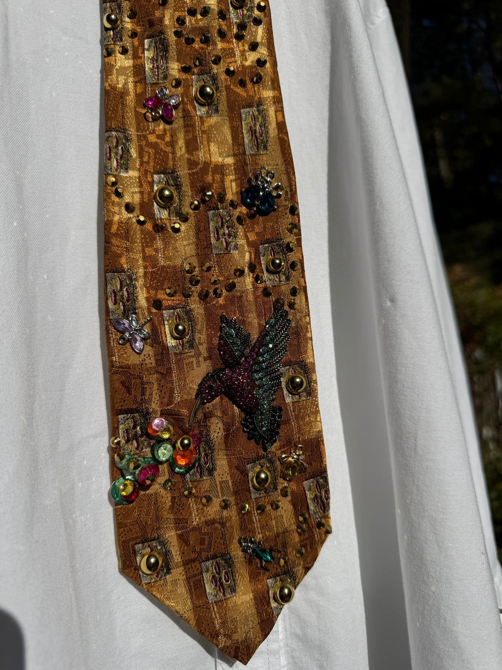 Gold Tree Bark Humming Bird and Insects Nature Royalty Tie