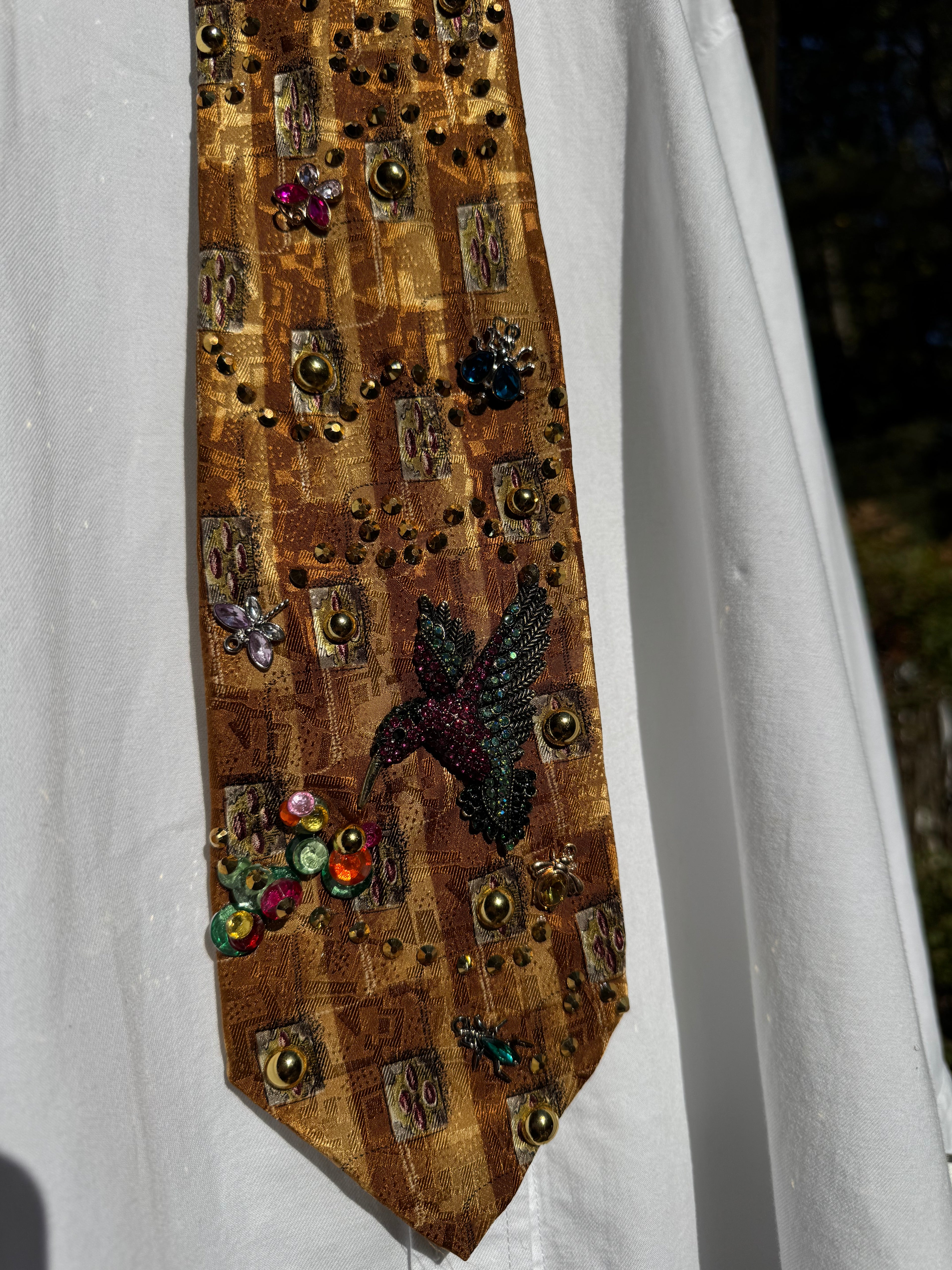 Gold Tree Bark Humming Bird and Insects Nature Royalty Tie