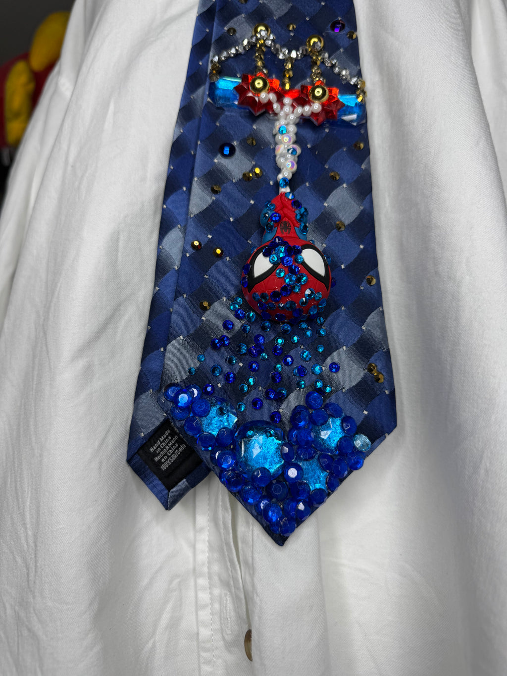 Navy Blue Spiderman Webbing Himself out of Water Under Bridge Tie