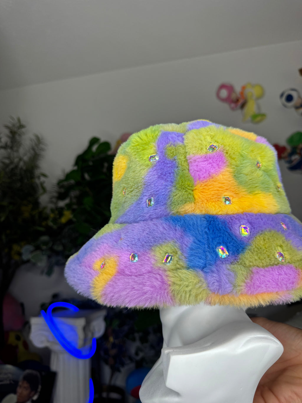 Marbled Neon Multicolored Fur Bucket Baguette Hat