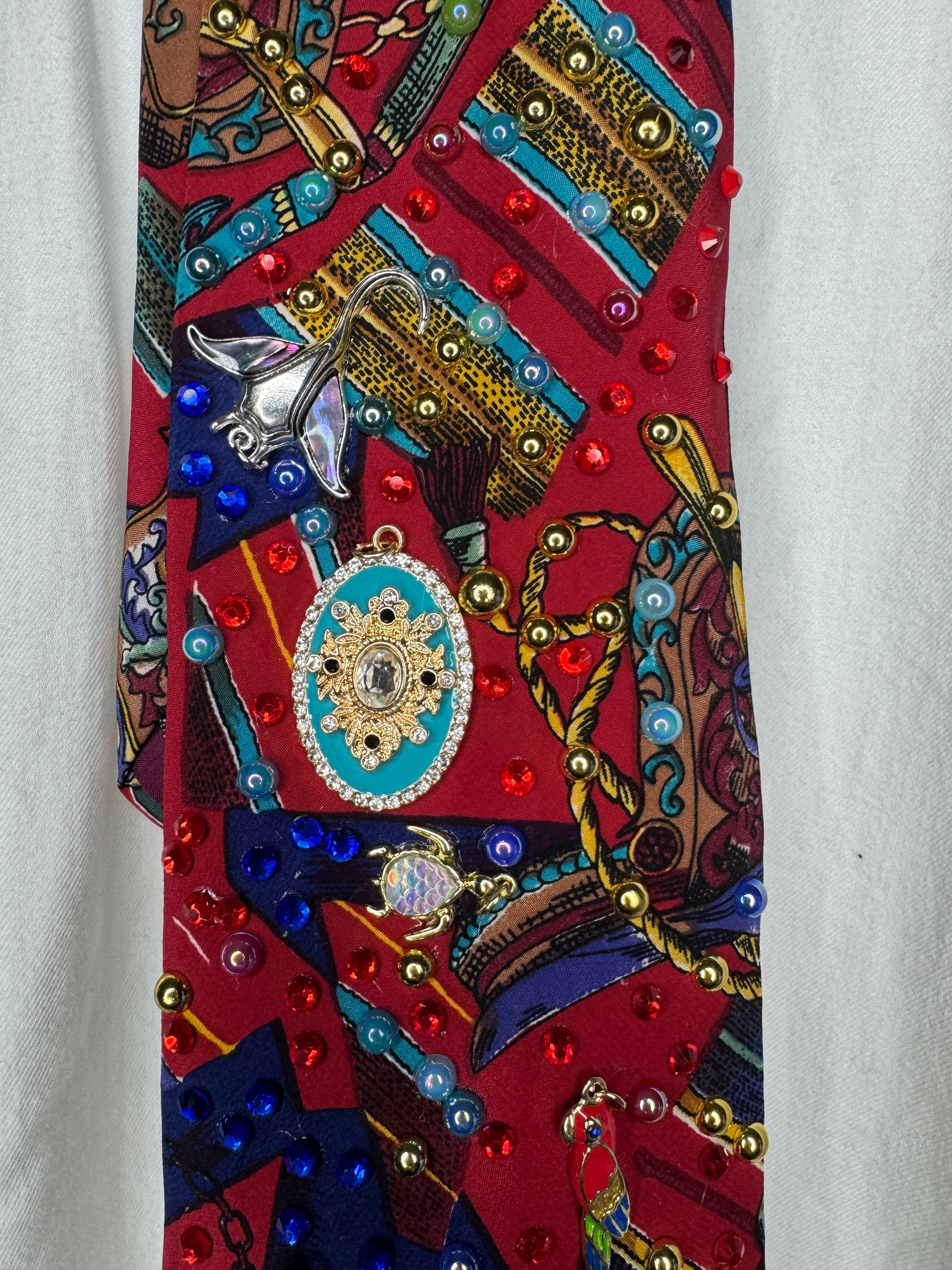 Red Luxury Tasseled Printed Tropical Treasure Royalty Tie