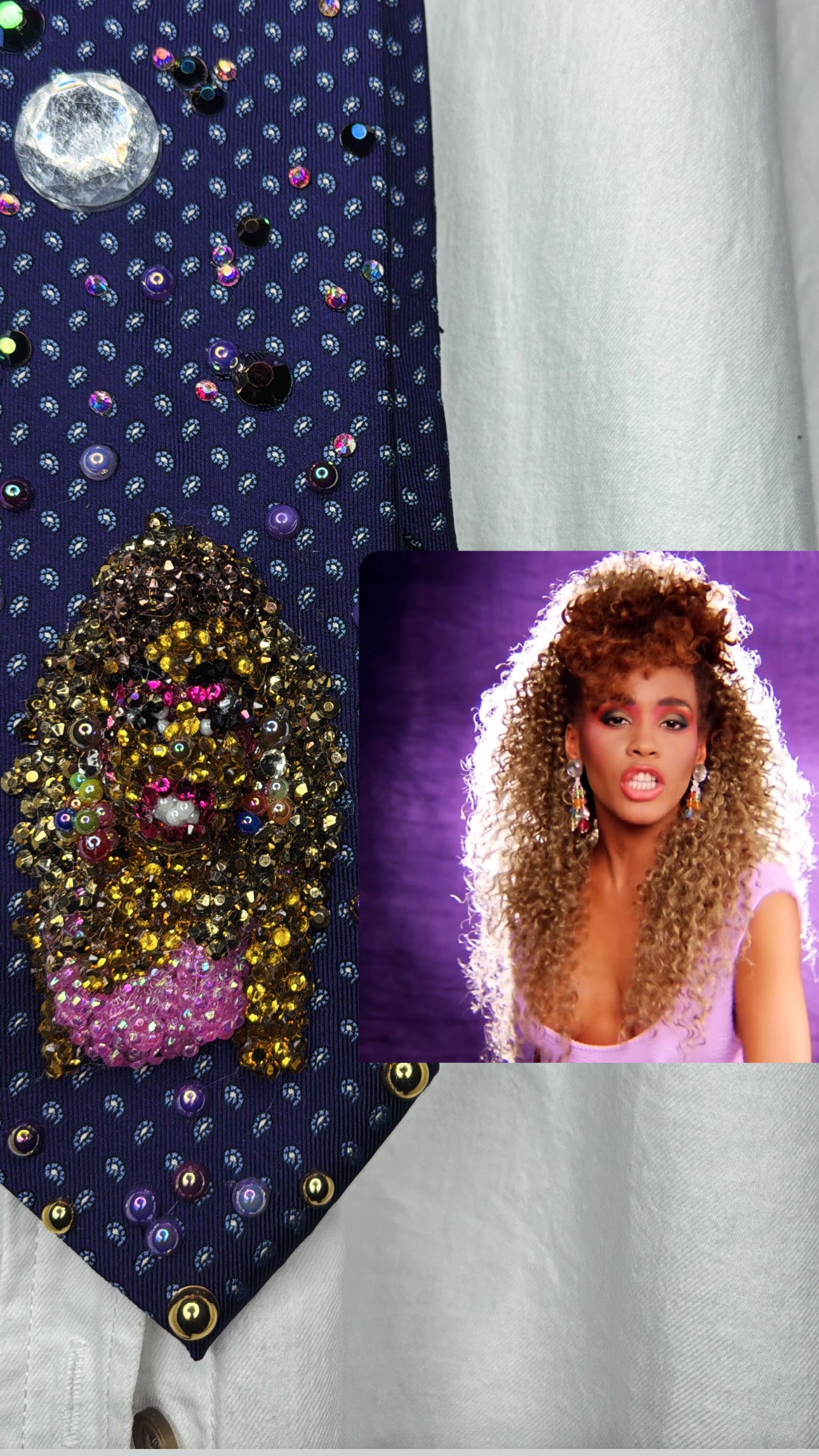 Purple Whitney Houston In Hotpink Top & Makeup Singing in “I Just Wanna Dance With Somebody” Music Video Tie