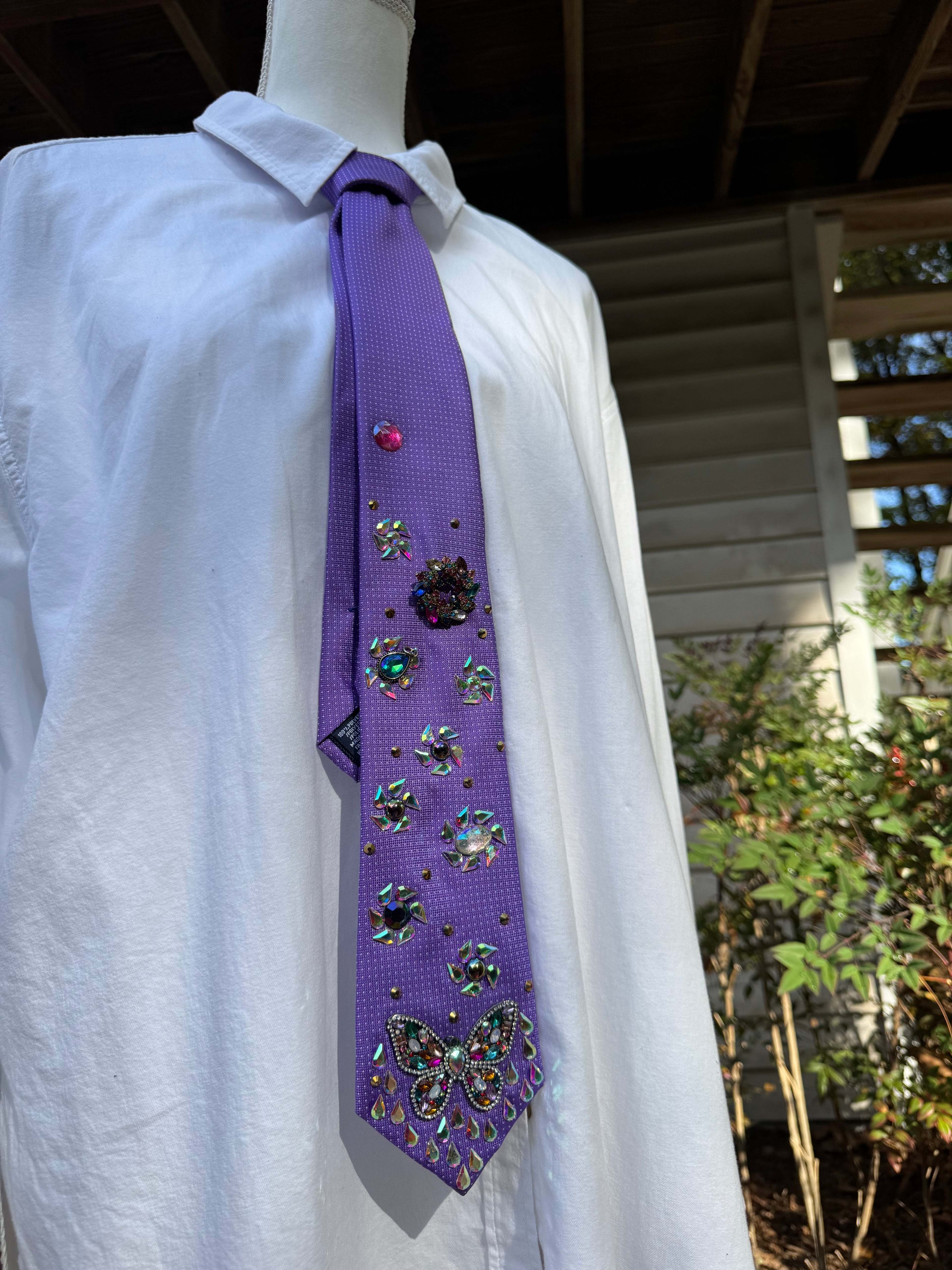 Purple Colorful Butterfly and Iridescent Flowers Nature Royalty Tie