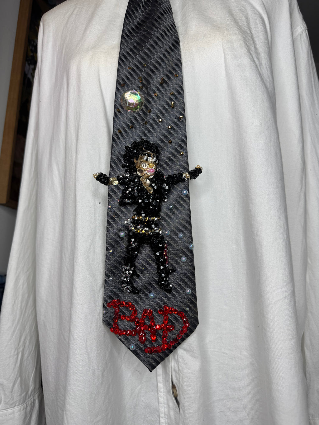 Grey Michael Jackson Hitting Stretched Fists Wide Leg Pose in Bad Short Film Tie