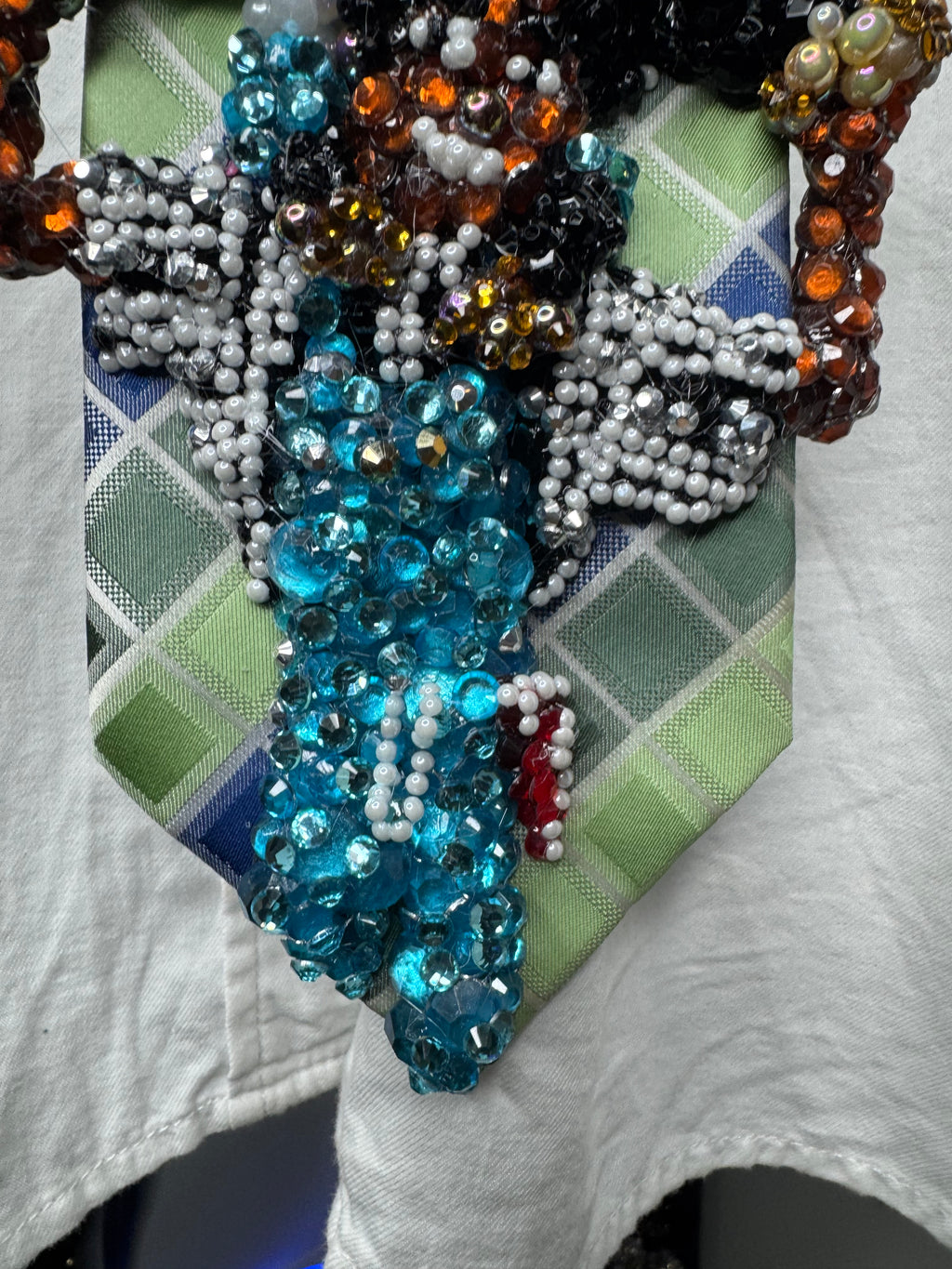 Green and Blue Box Striped Michael Jackson Smiling With Bubbles on Him and His Exotic Pet Giraffe Tie