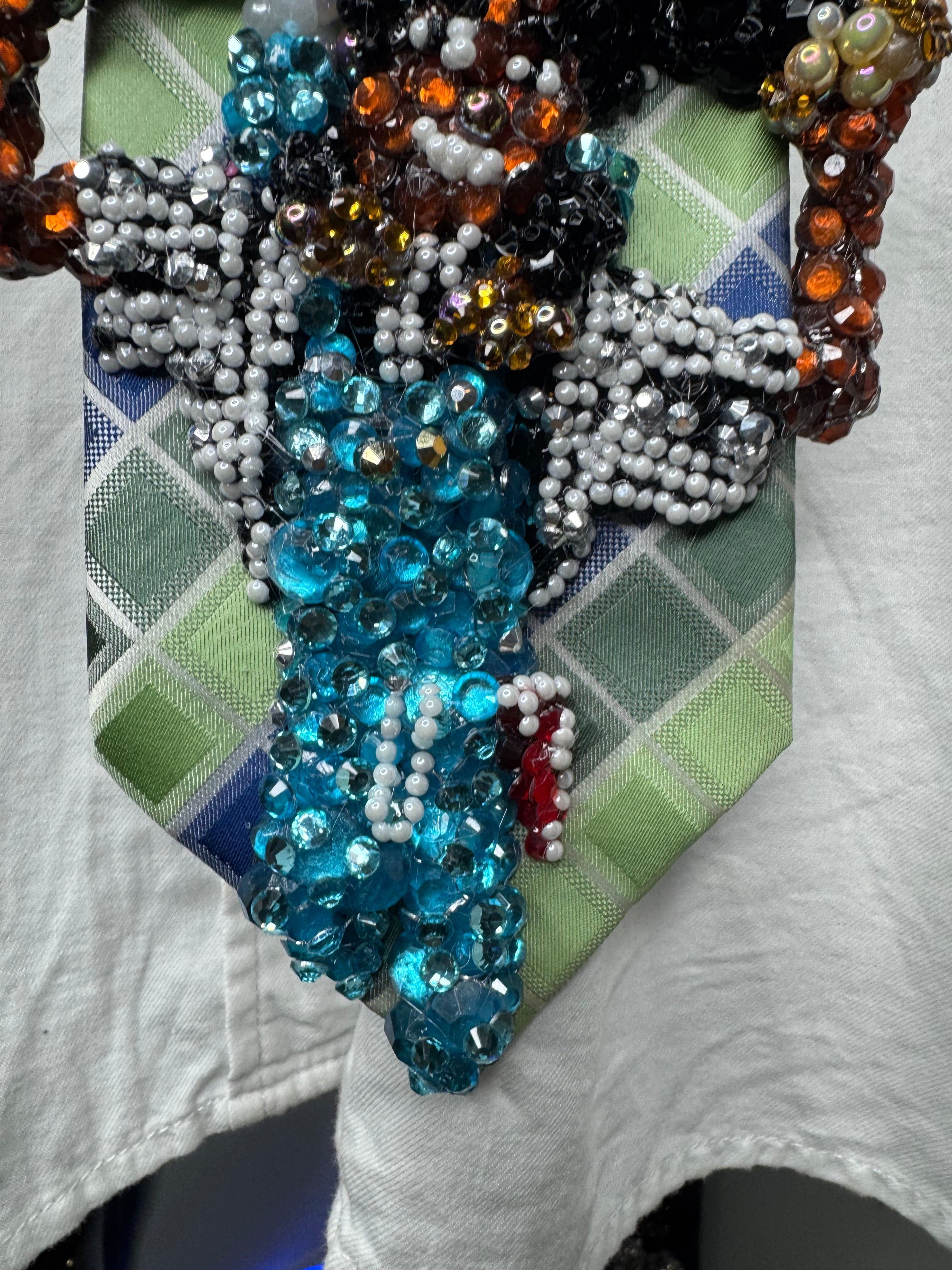 Green and Blue Box Striped Michael Jackson Smiling With Bubbles on Him and His Exotic Pet Giraffe Tie