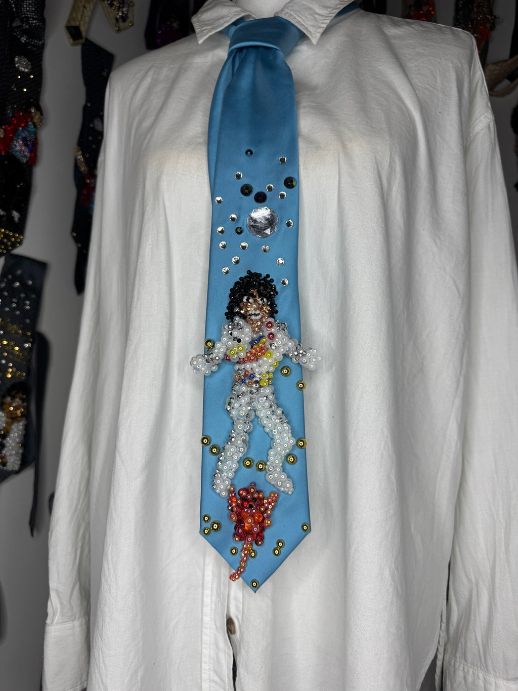 Sky Blue Michael Jackson in Captain EO Hitting Fist Balled Star Body Pose and Fuzzball Tie