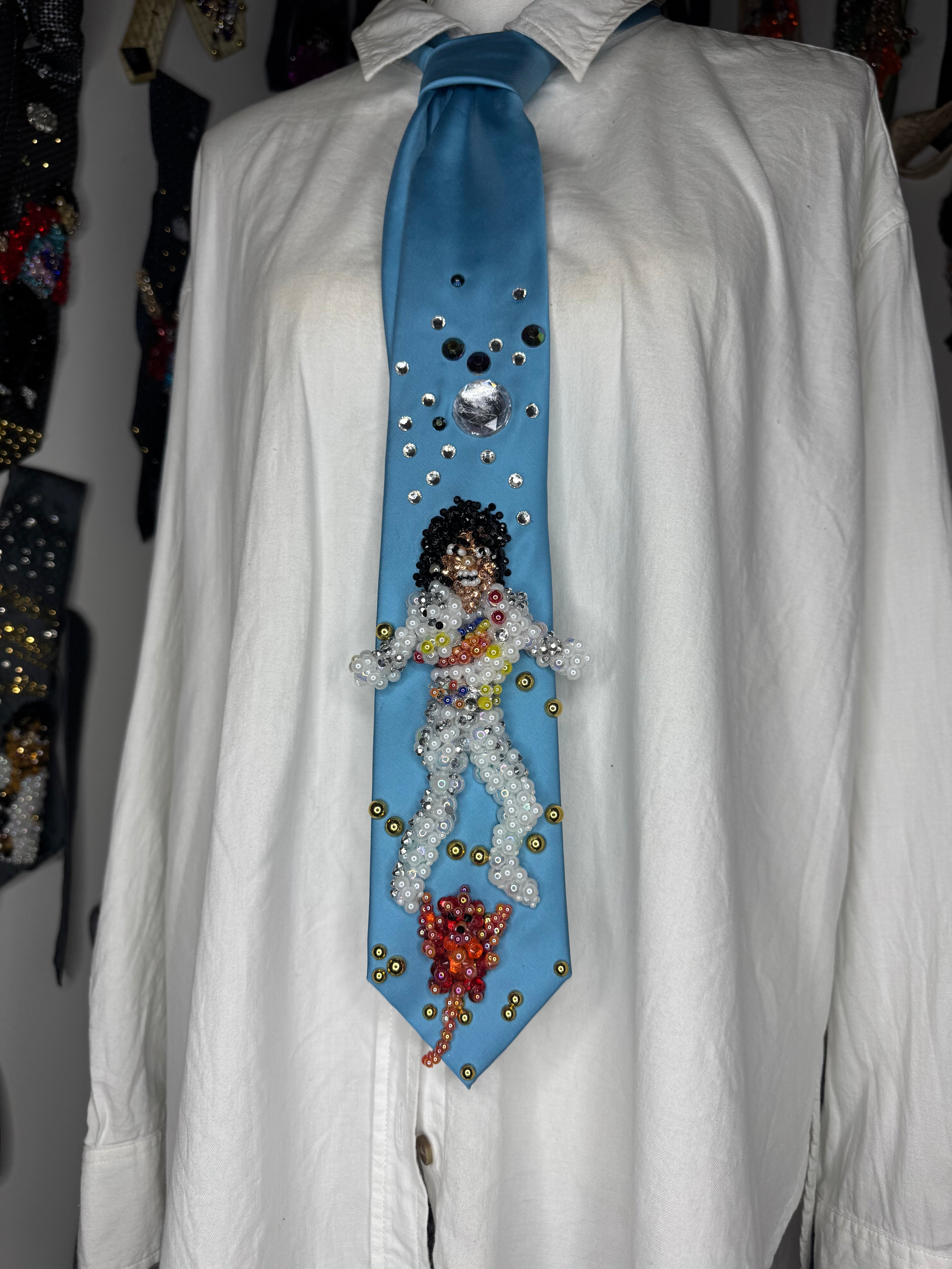Sky Blue Michael Jackson in Captain EO Hitting Fist Balled Star Body Pose and Fuzzball Tie