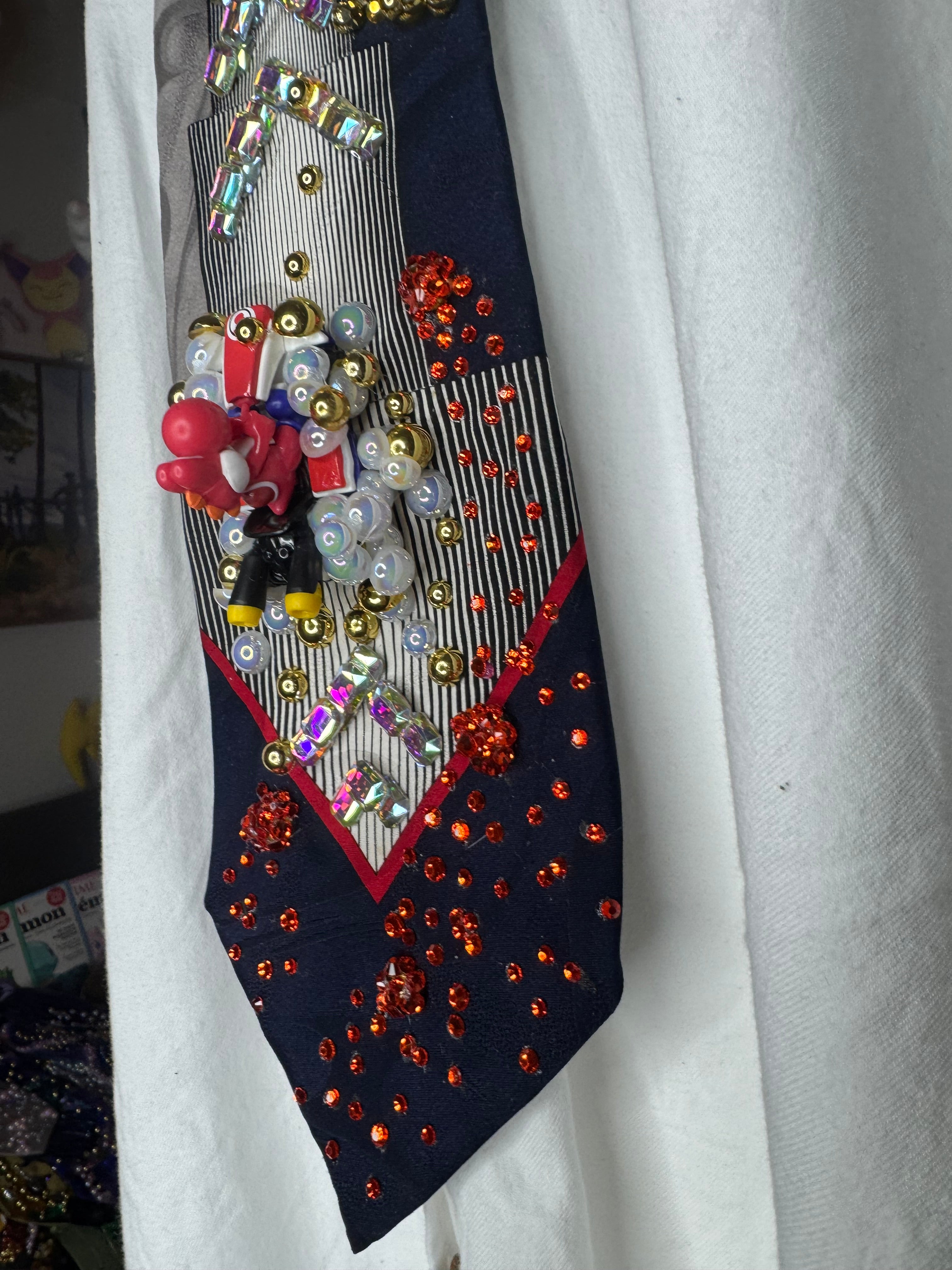 Navy Blue and Grey Red Yoshi Throwing Bobomb Down Escalator Track 200cc Mario Kart Tie