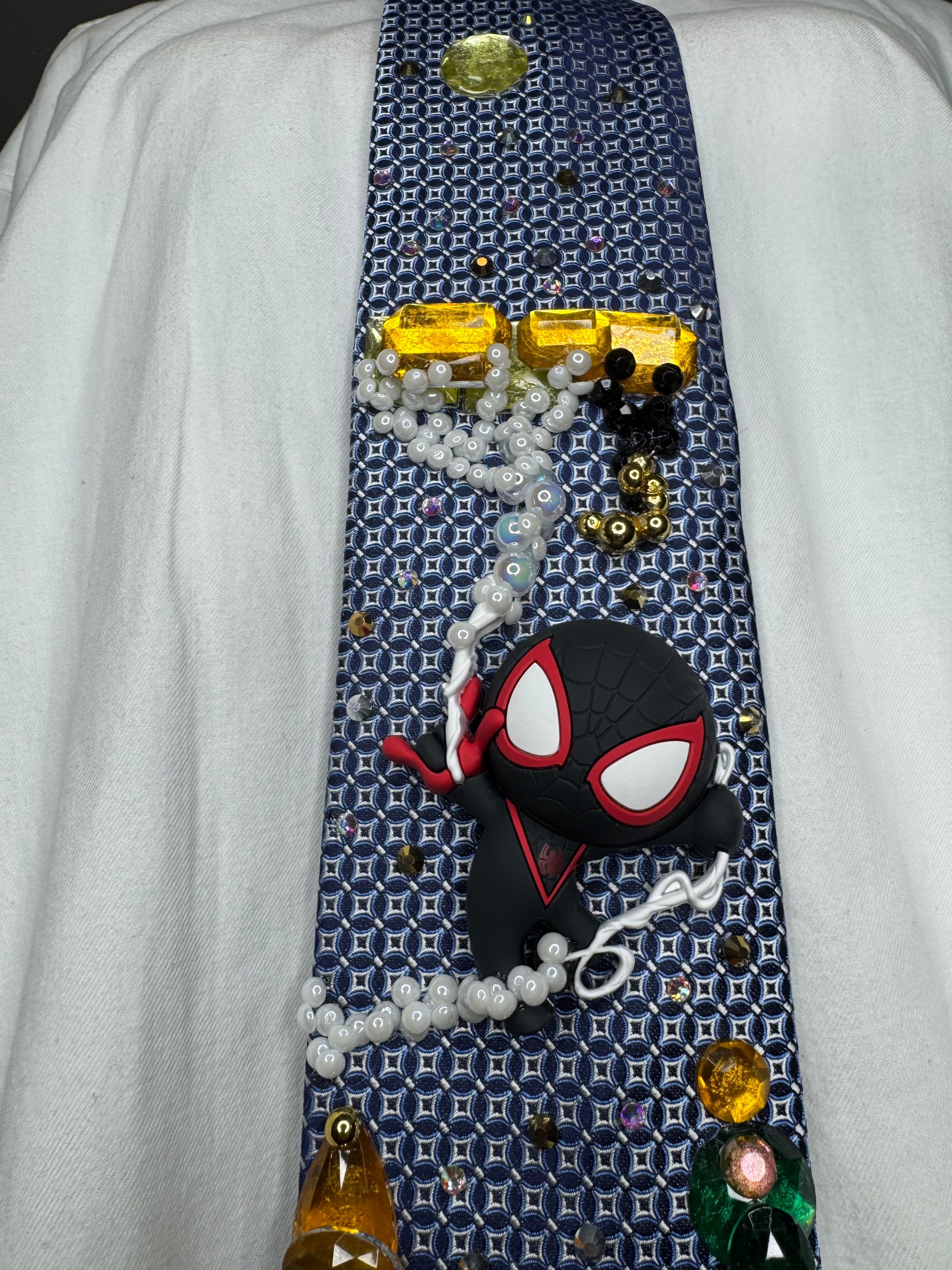 Blue Miles Morales Webbing Himself to Crane In City Spiderman Tie