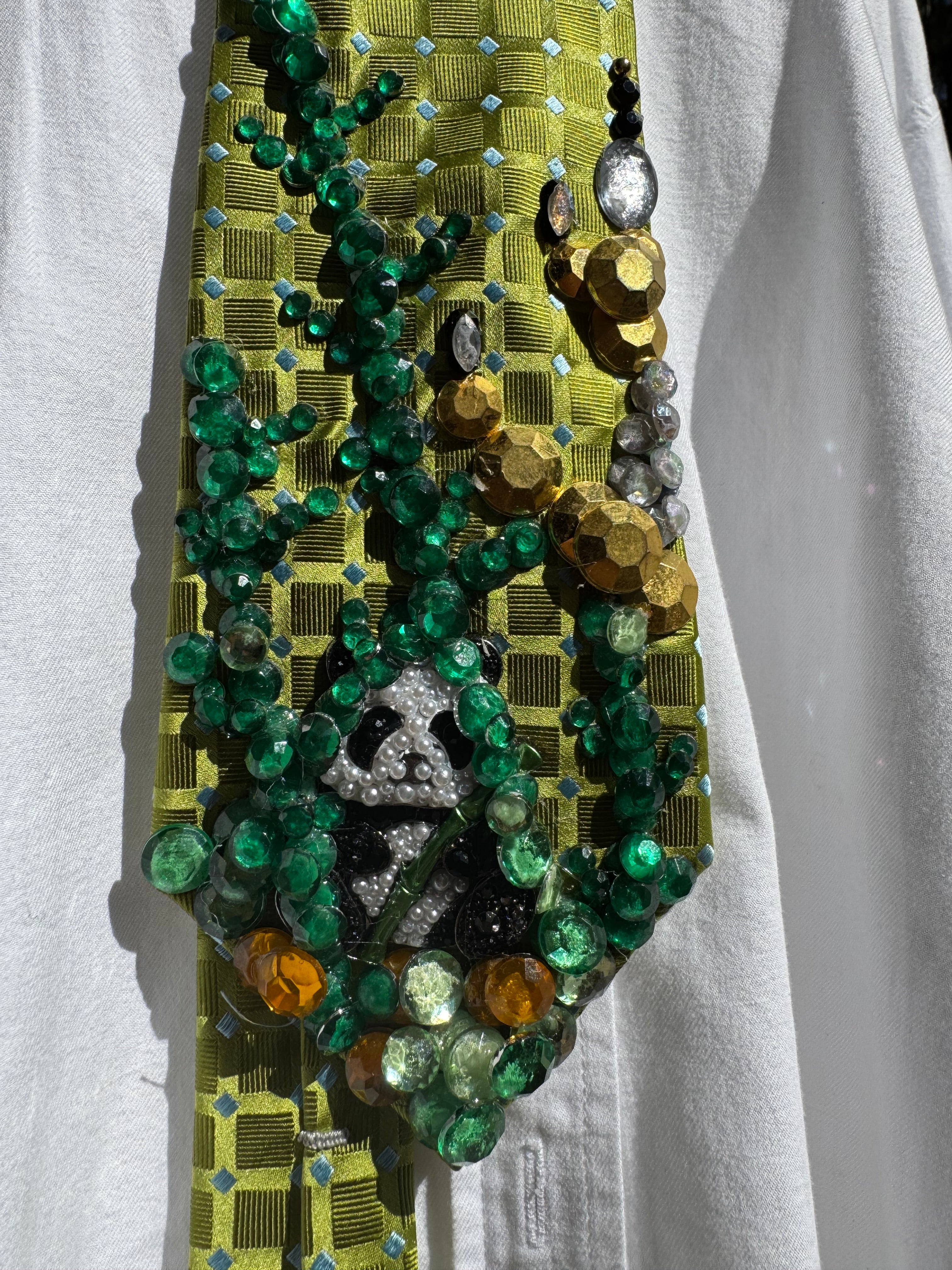Lime Green Pearl Panda in Bamboo Forest Nature Royalty Tie