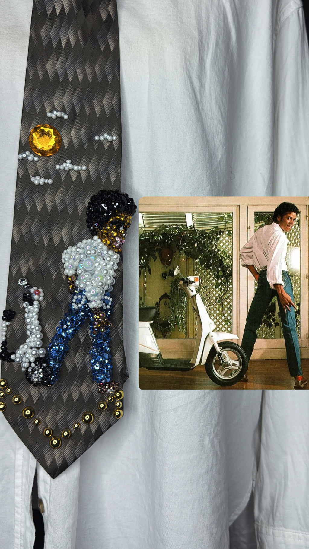 Olive Green Michael Jackson Hitting Look Back Pose in Suzuki “Love”Scooter Japan Commerical 1980 Tie