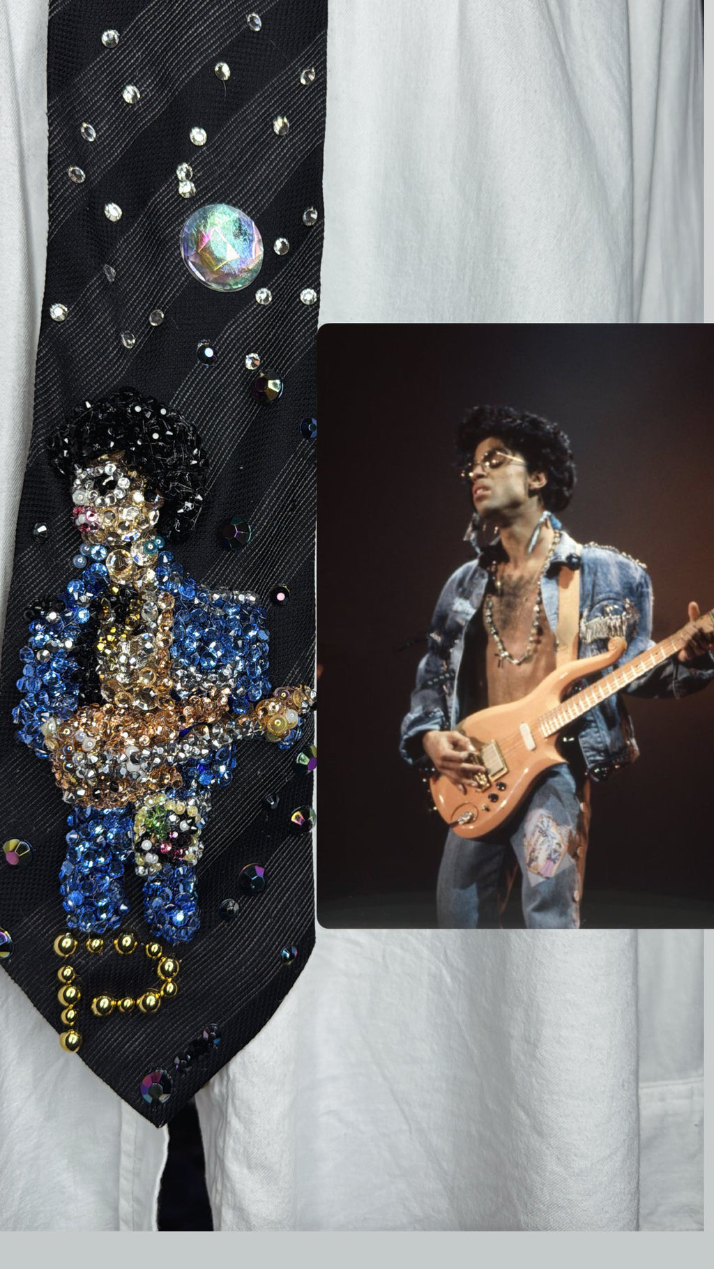 Black Striped Prince in Full Denim Outfit Peach Guitar & Glasses Rocking Out Performing Live Tie