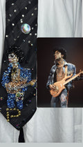 Black Striped Prince in Full Denim Outfit Peach Guitar & Glasses Rocking Out Performing Live Tie