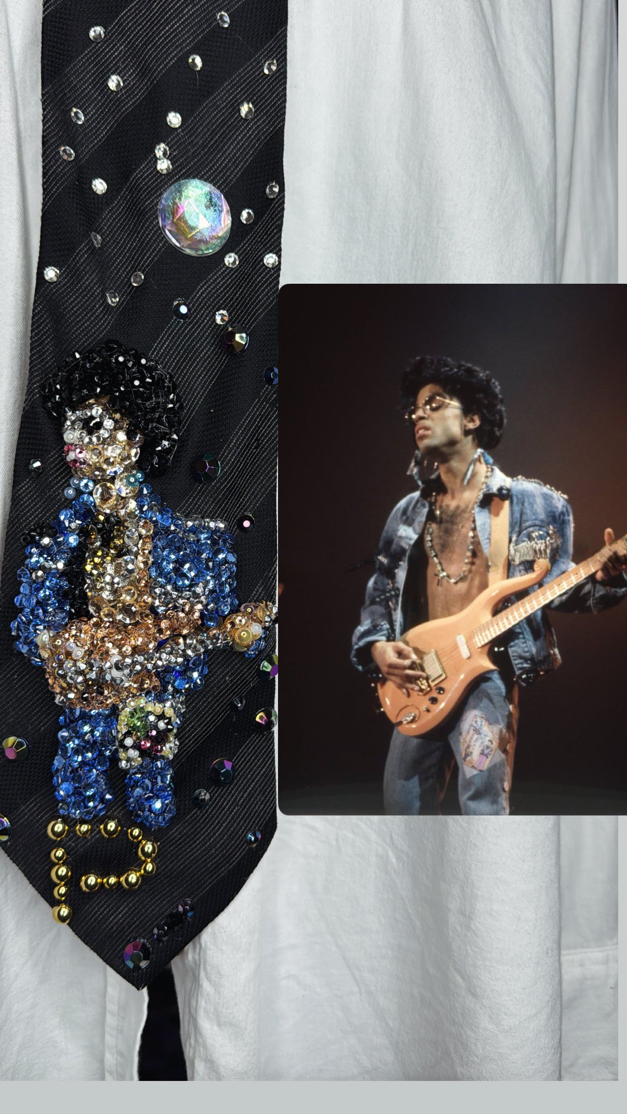 Black Striped Prince in Full Denim Outfit Peach Guitar & Glasses Rocking Out Performing Live Tie