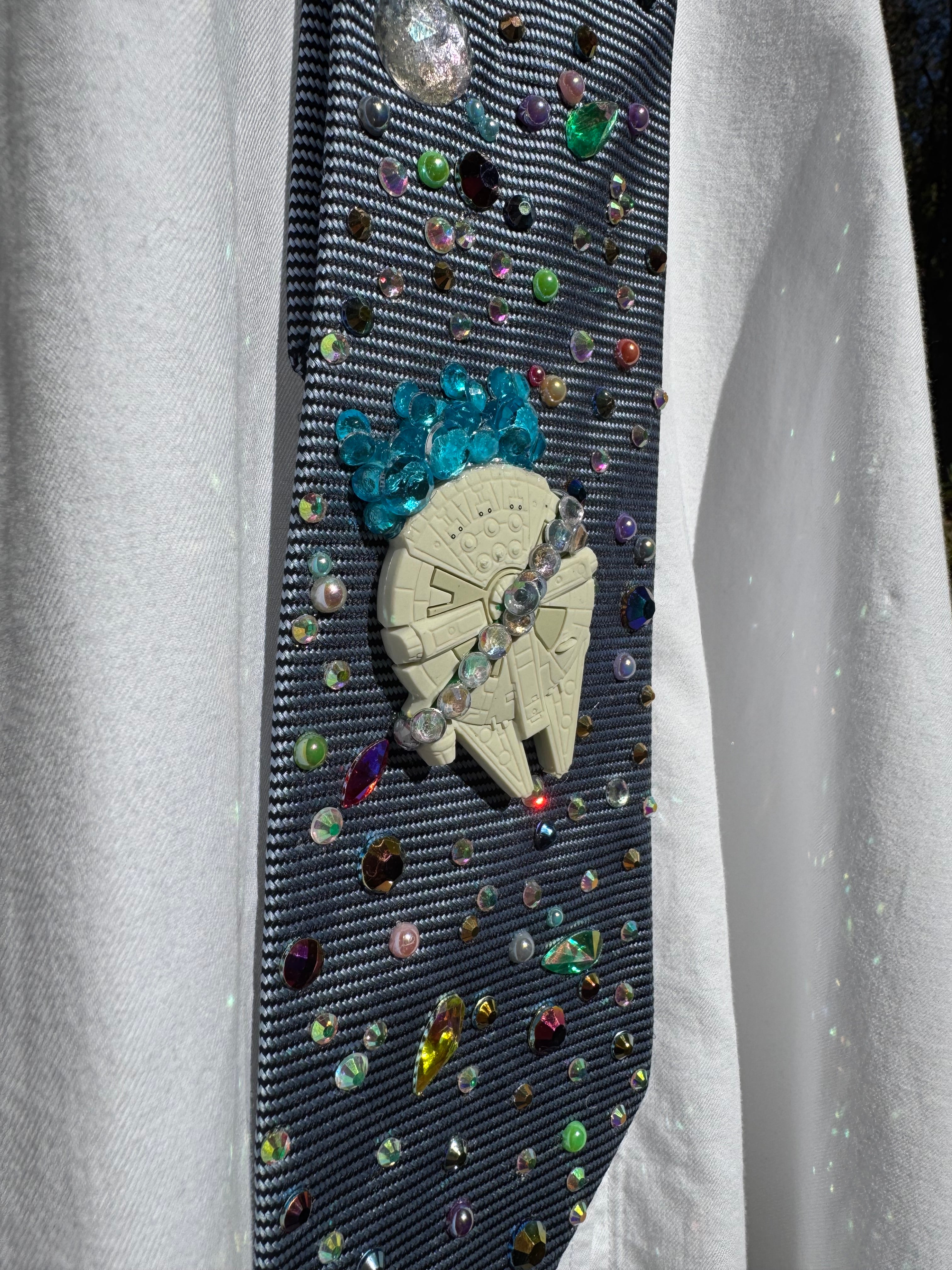 Blue Millineium Falcon Flying Through Space Star Wars Tie