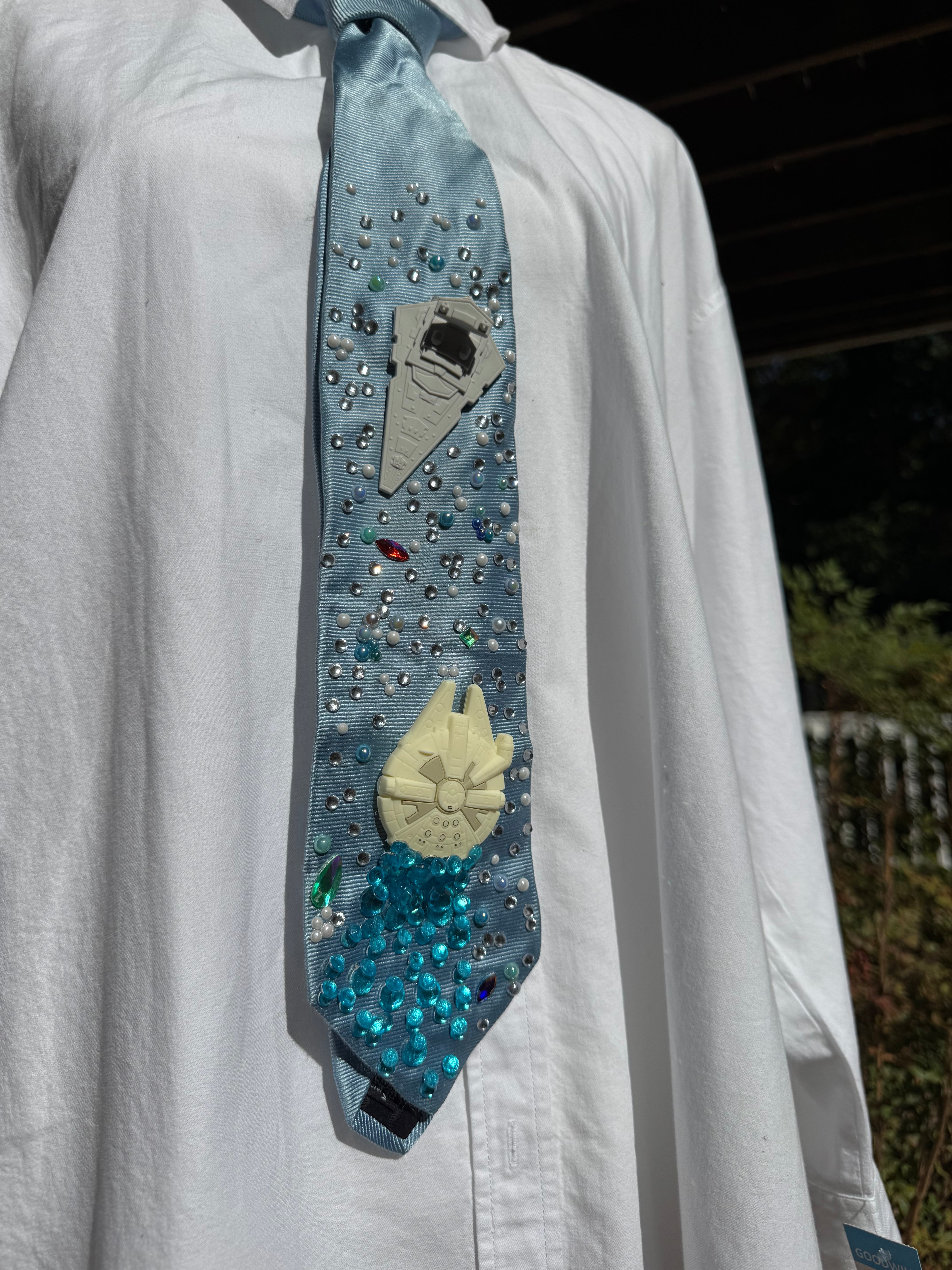 Light Blue Millineium Falcon Flying Towards Star Destroyer Star Wars Tie