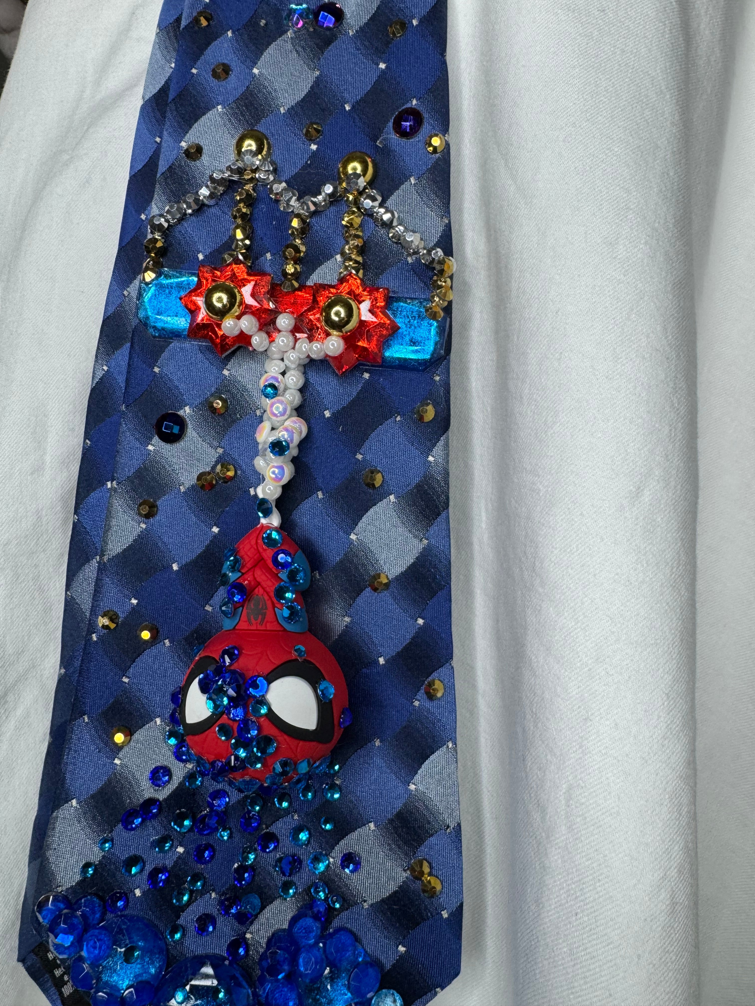 Navy Blue Spiderman Webbing Himself out of Water Under Bridge Tie