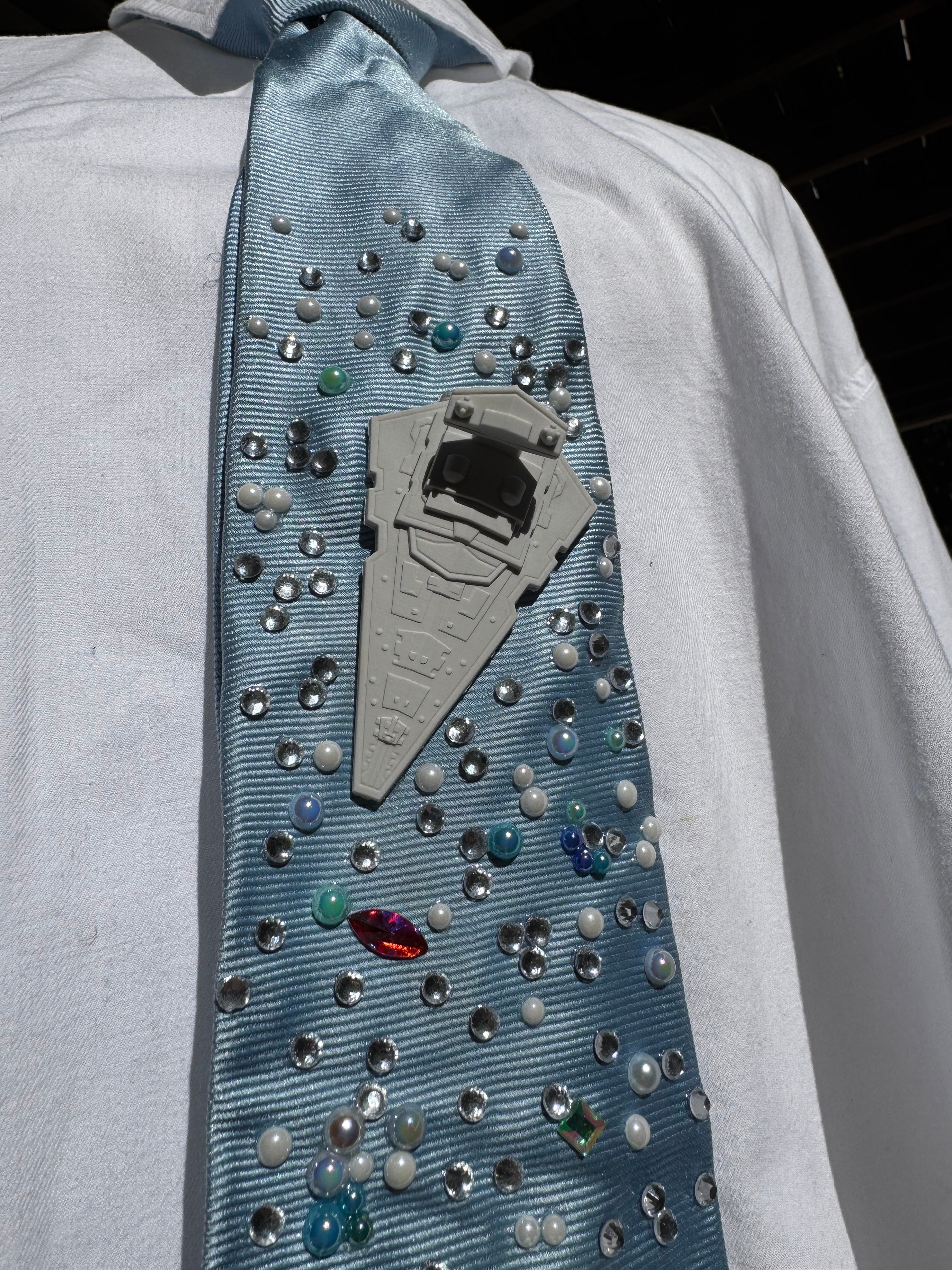 Light Blue Millineium Falcon Flying Towards Star Destroyer Star Wars Tie