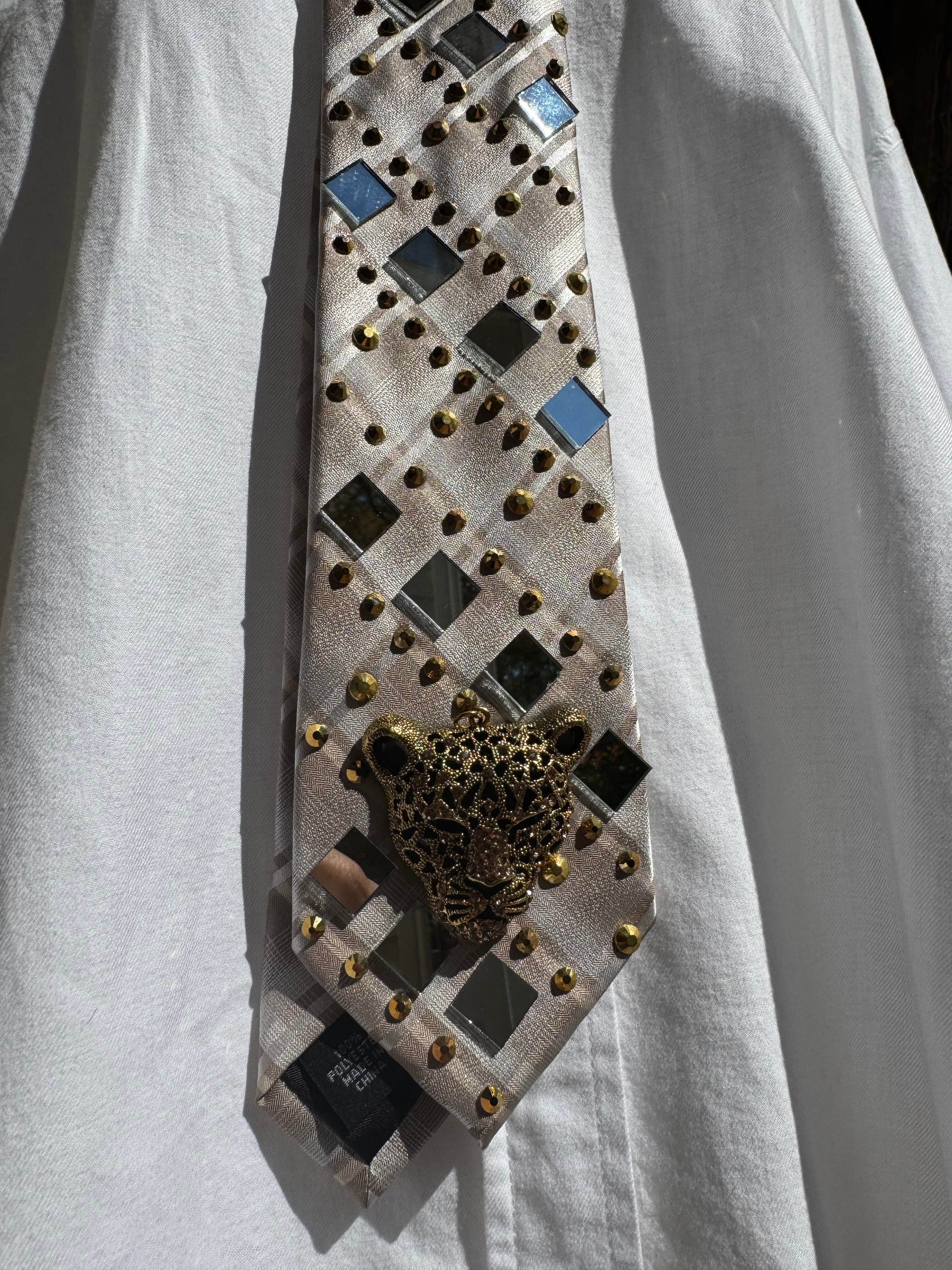 Beige and White Plaid Jagaur Luxurious Futuristic Royalty Tie