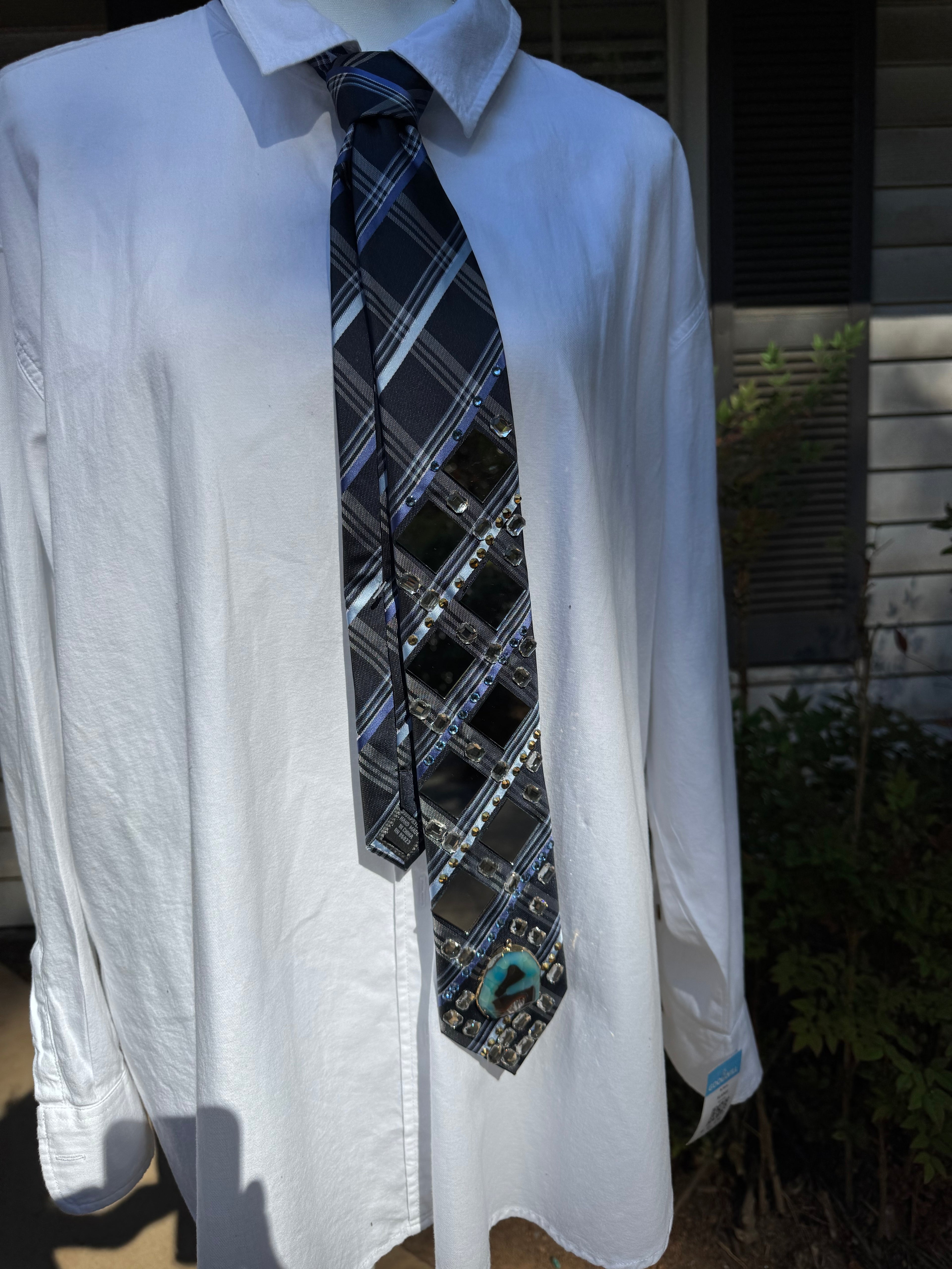 Navy Blue Plaid Mirror and Baguettes Mineral Rock Nature Exotic Royalty Tie