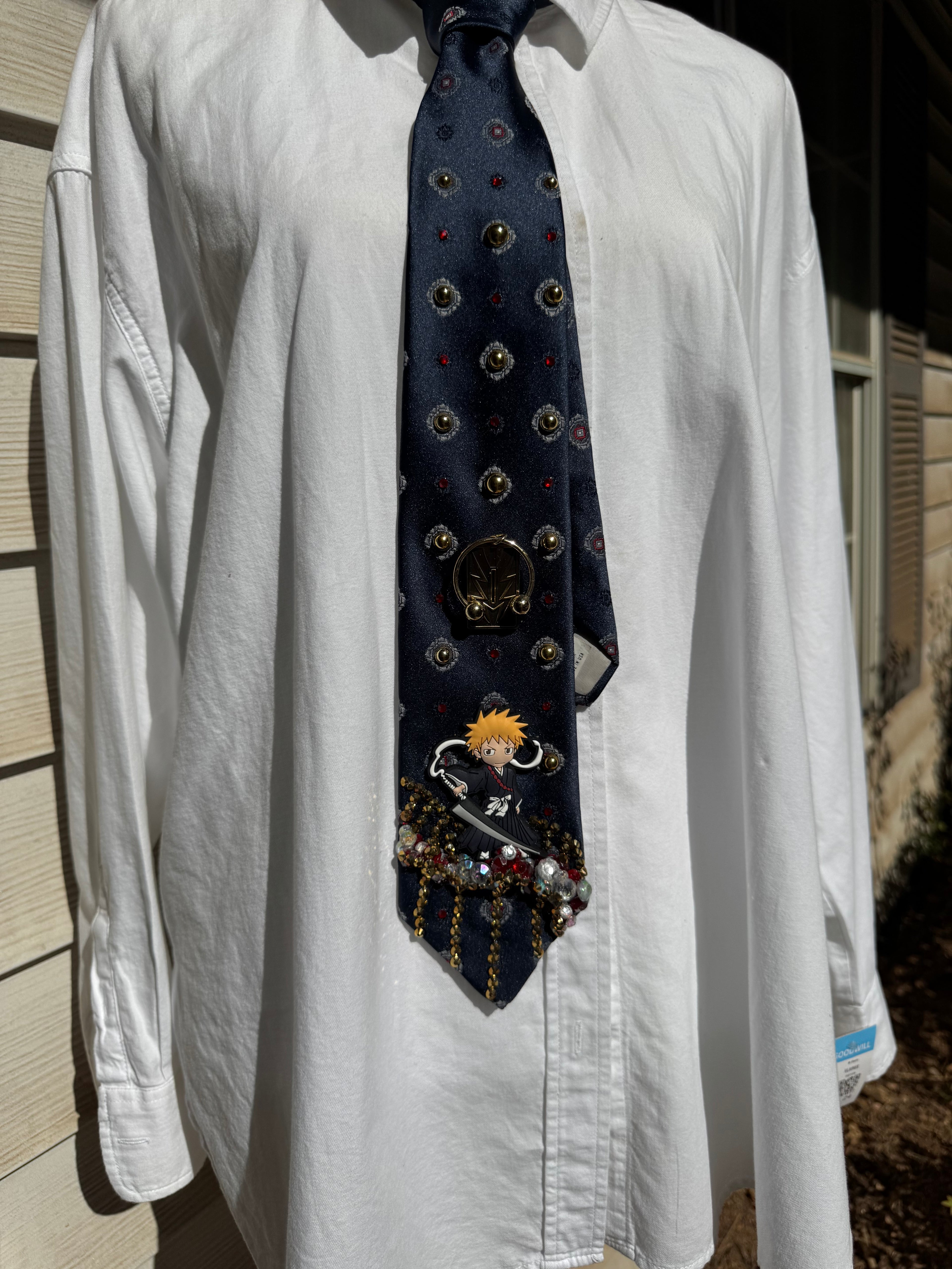 Navy Blue Ichigo Kuroaski On Bridge with Sword Bleach Tie