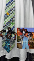 Green and Blue Box Striped Michael Jackson Smiling With Bubbles on Him and His Exotic Pet Giraffe Tie