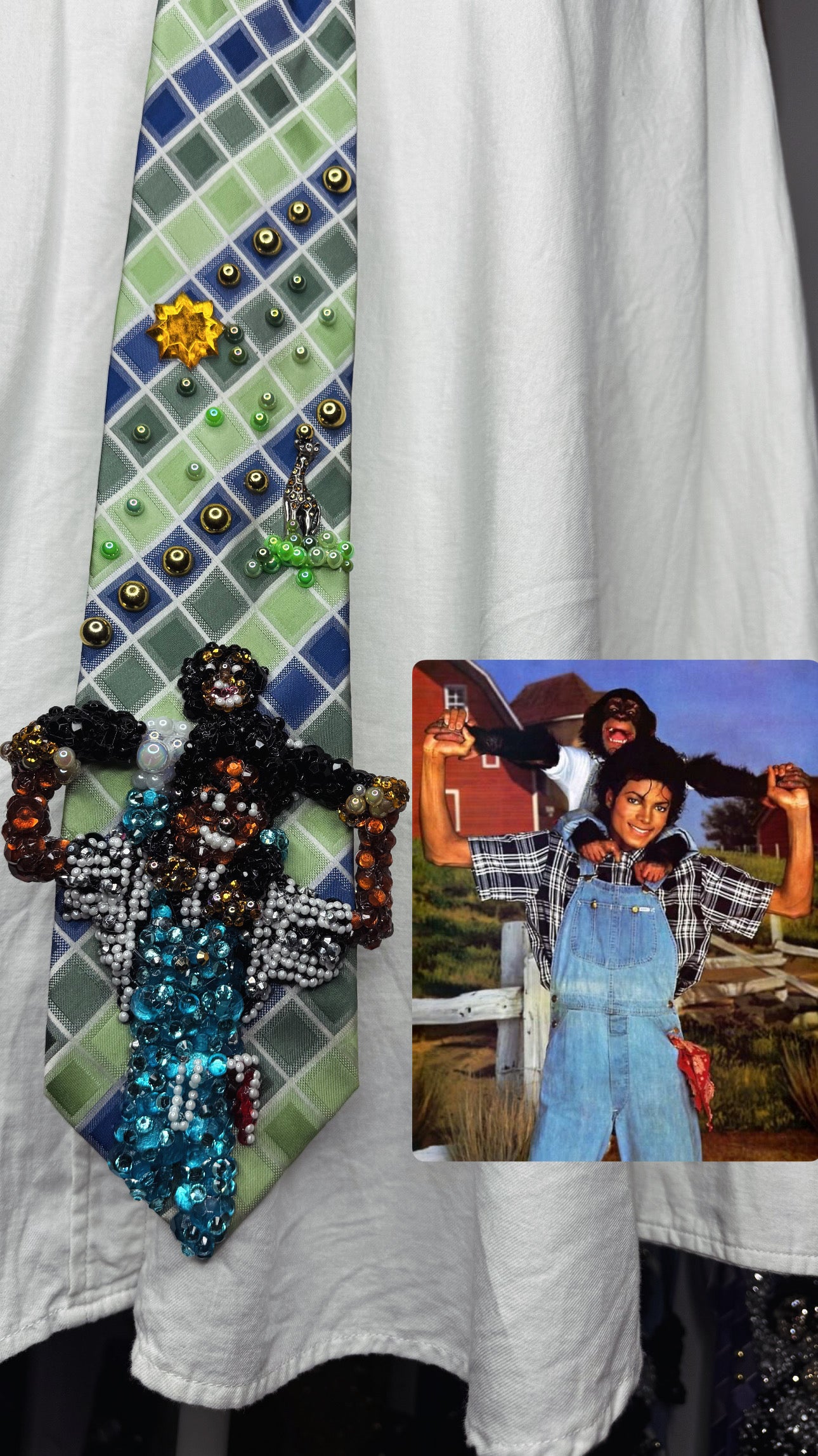 Green and Blue Box Striped Michael Jackson Smiling With Bubbles on Him and His Exotic Pet Giraffe Tie