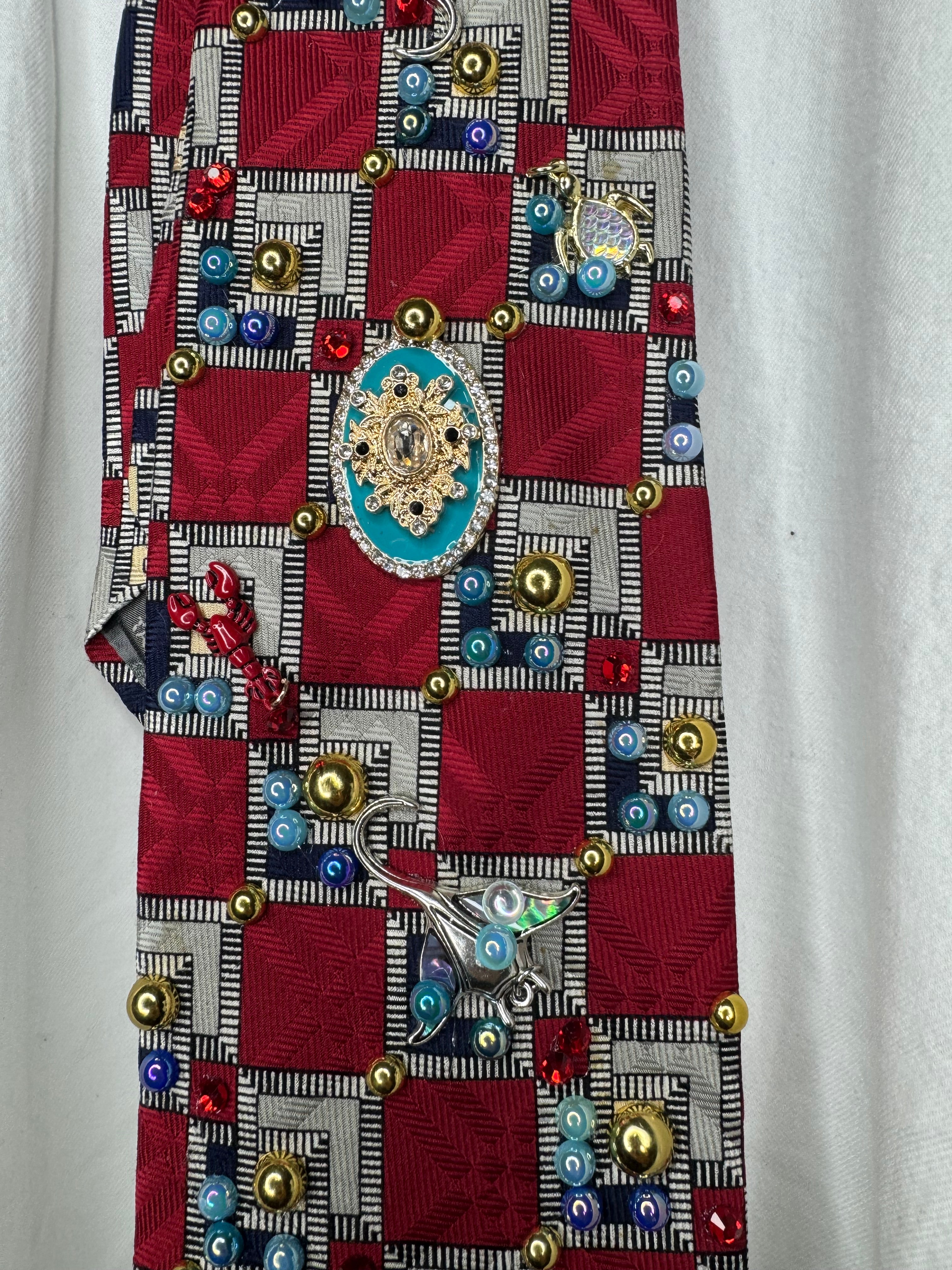 Red Checkered Tropical Treasure Box Ocean Floor Royalty Tie
