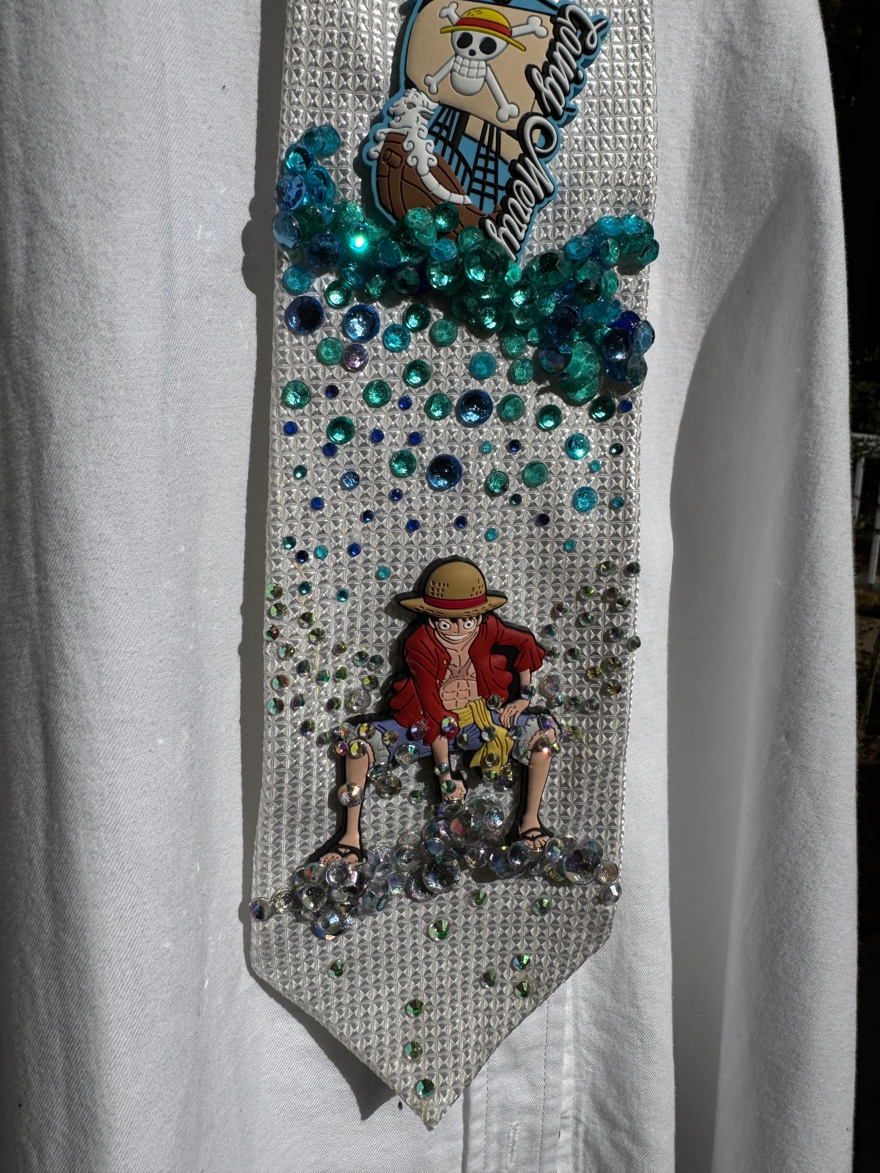 White Luffy Punching Rock Under Merry Ship One Piece Anime Tie