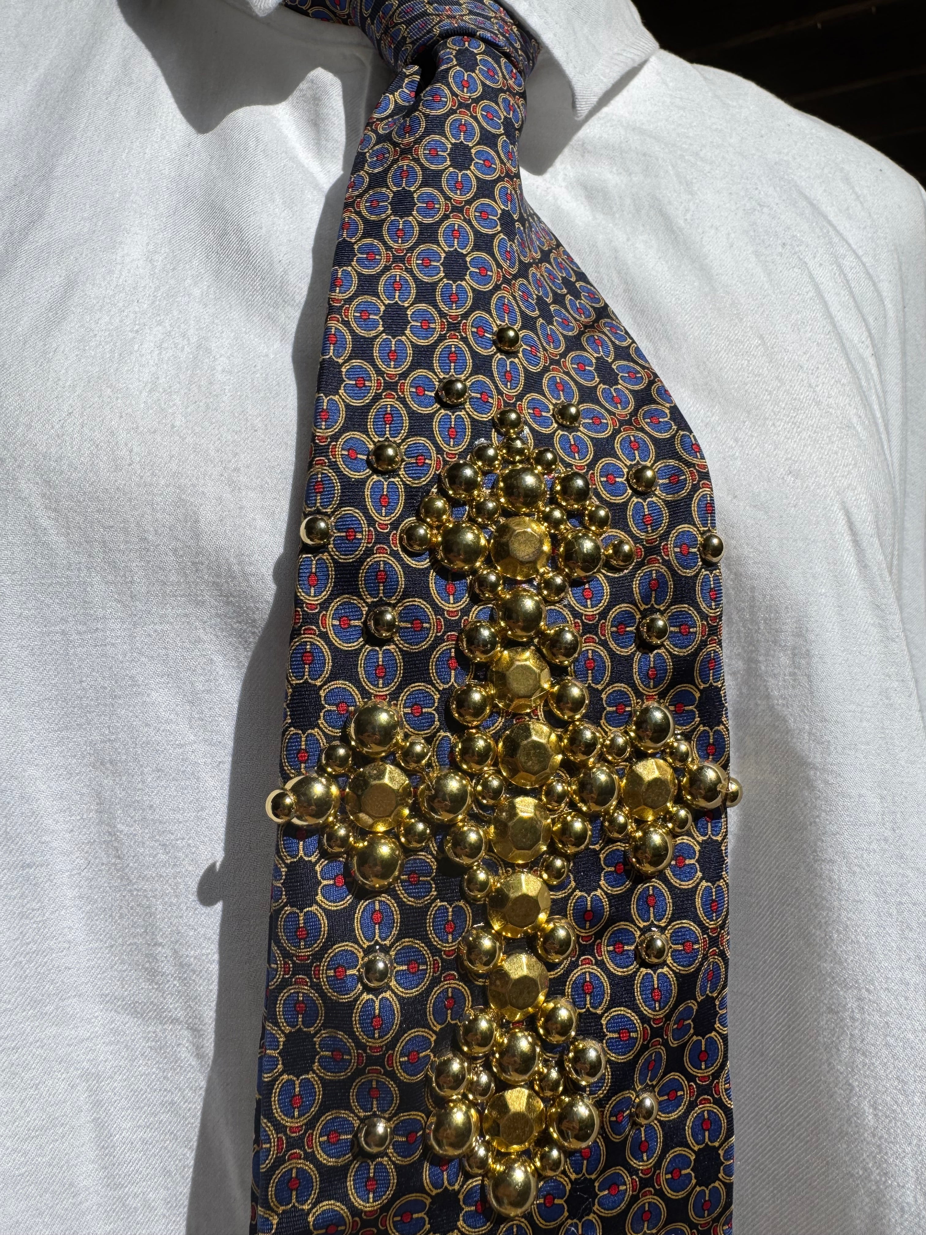 Navy Blue and Gold Renaissance Mirror and Golden Cross High Class Royalty Church Tie