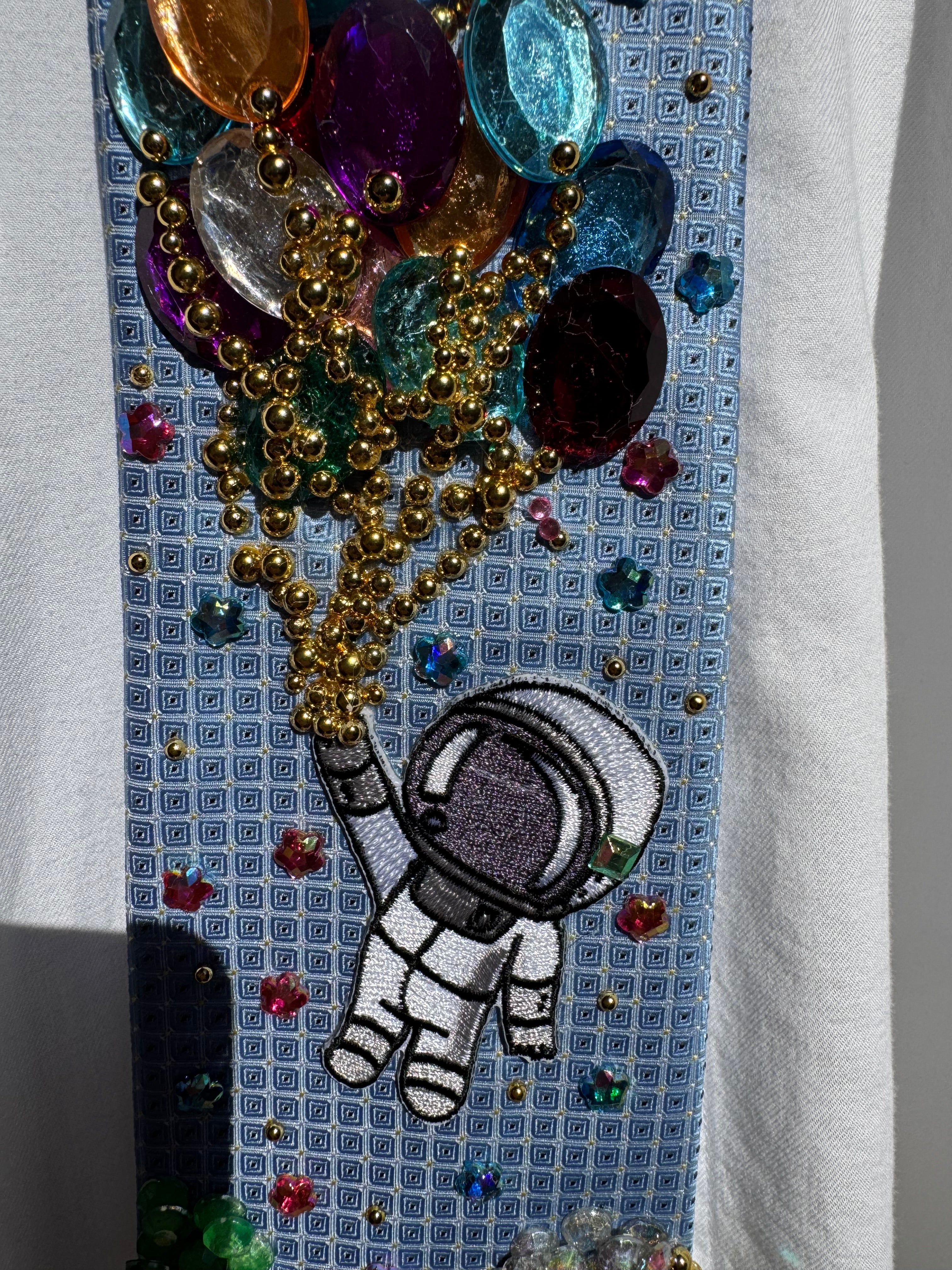 Light Blue Astronaut Kid Holding Bunch of Balloons Space Royalty Tie