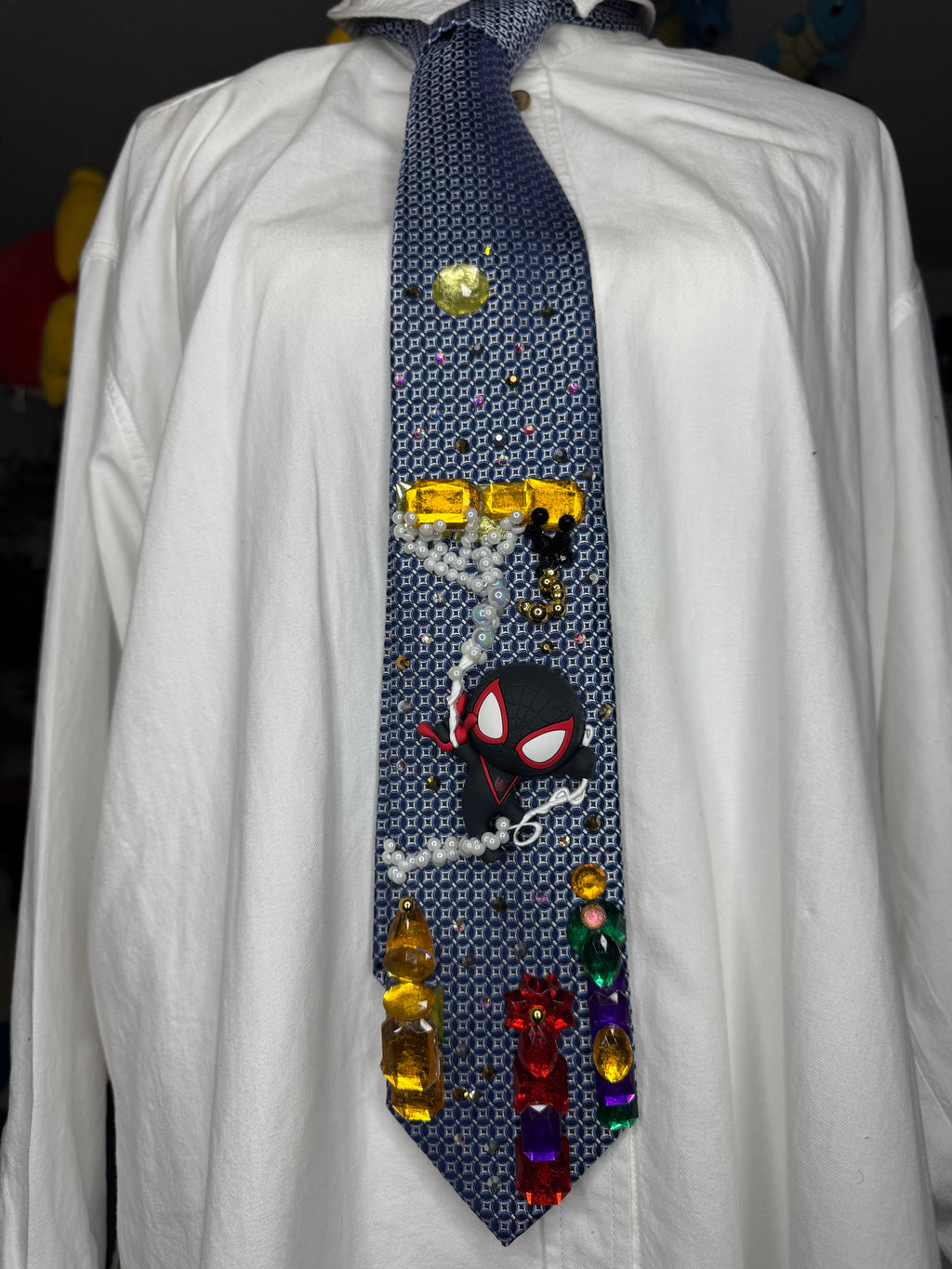 Blue Miles Morales Webbing Himself to Crane In City Spiderman Tie