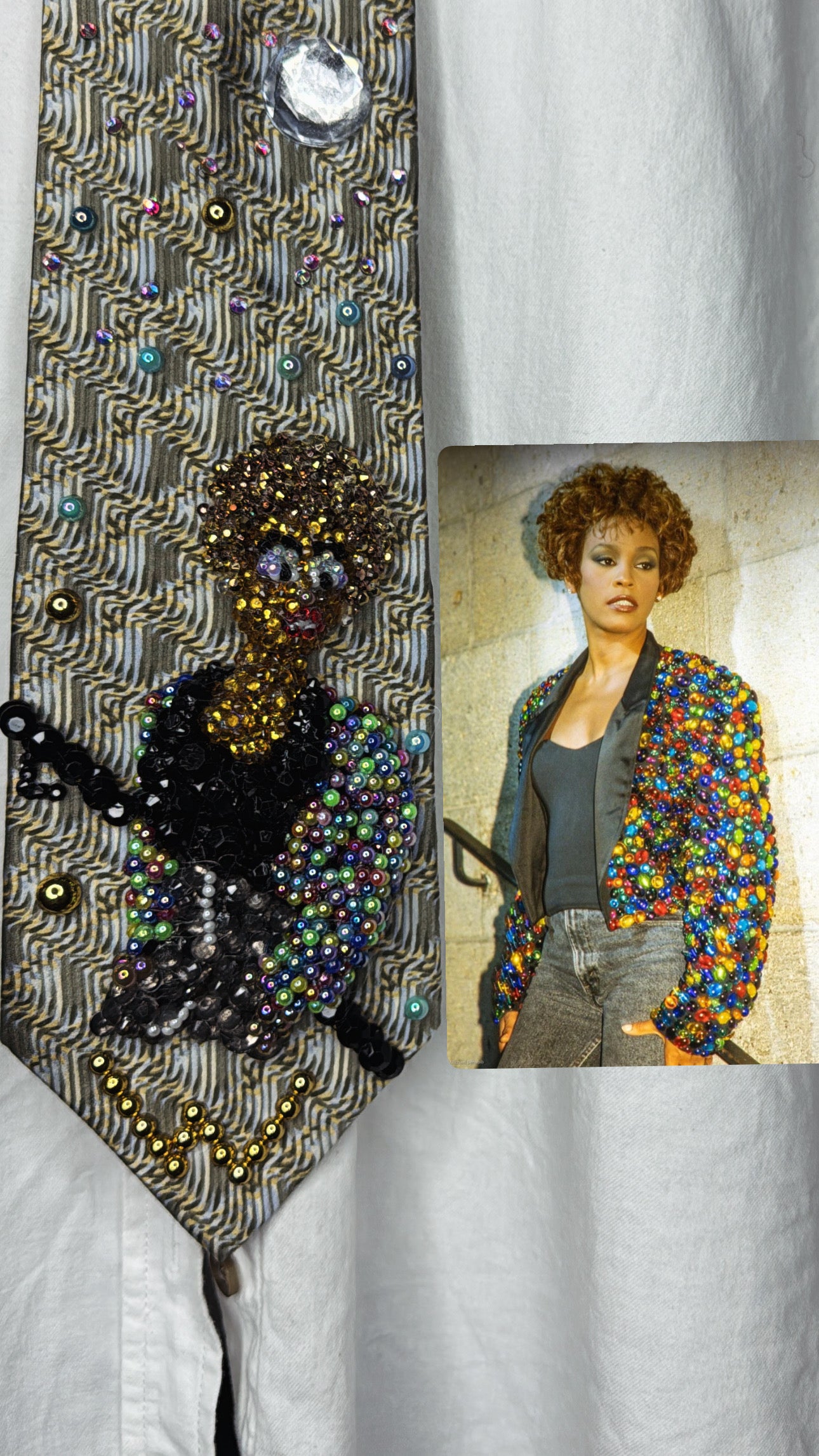 Beige Whitney Houston in Colorful Gem Jacket Posing on Staircase Tie