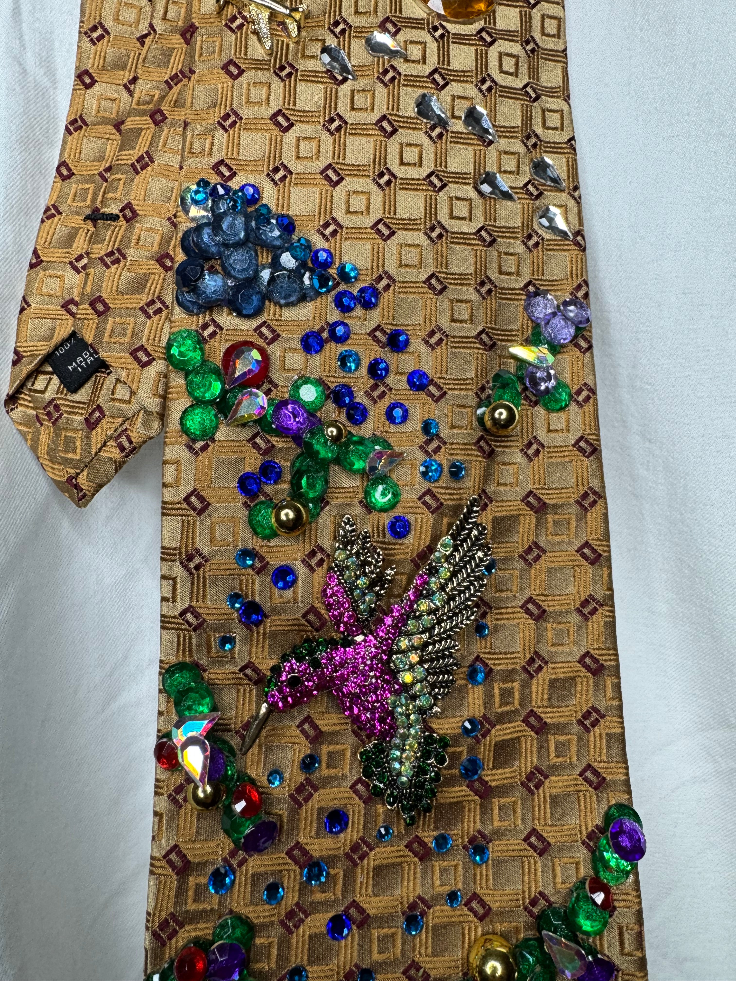 Gold Hummingbird Near Floral Forest Nature Royalty Tie