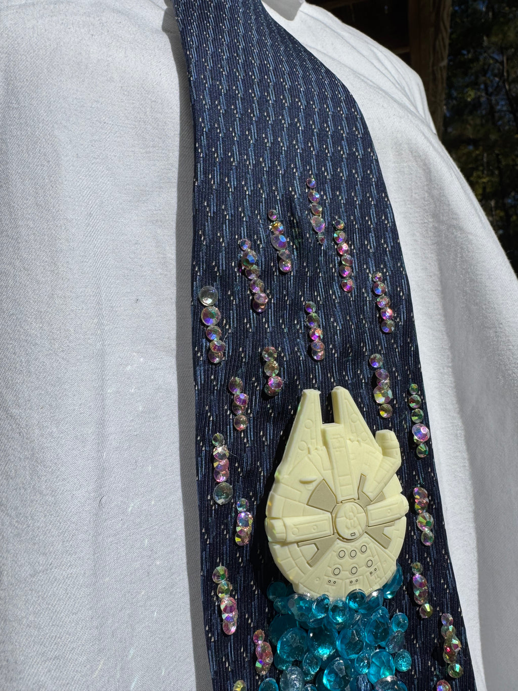 Navy Blue Millennium Falcon Zooming Through Space Star Wars Tie